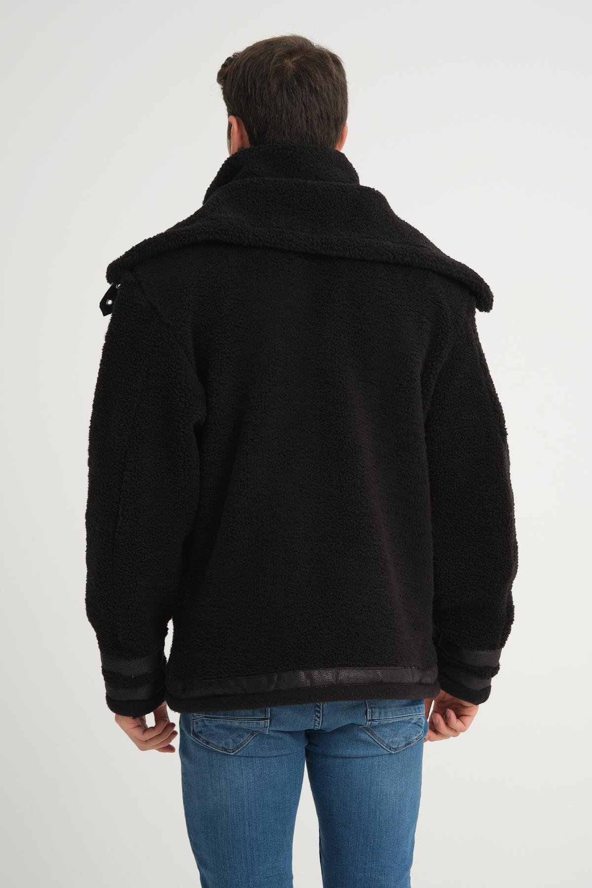 R-2431 Çift Yakalı Garni Detaylı Şardonlu Peluş Mont