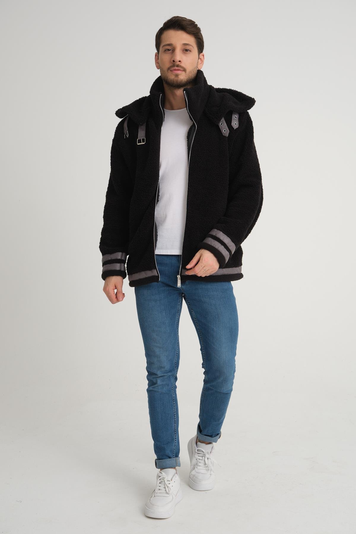 R-2431 Çift Yakalı Garni Detaylı Şardonlu Peluş Mont