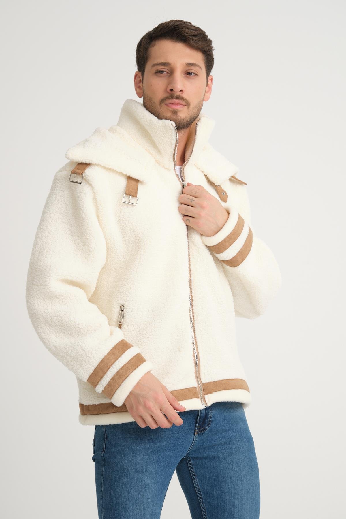 R-2431 Çift Yakalı Garni Detaylı Şardonlu Peluş Mont