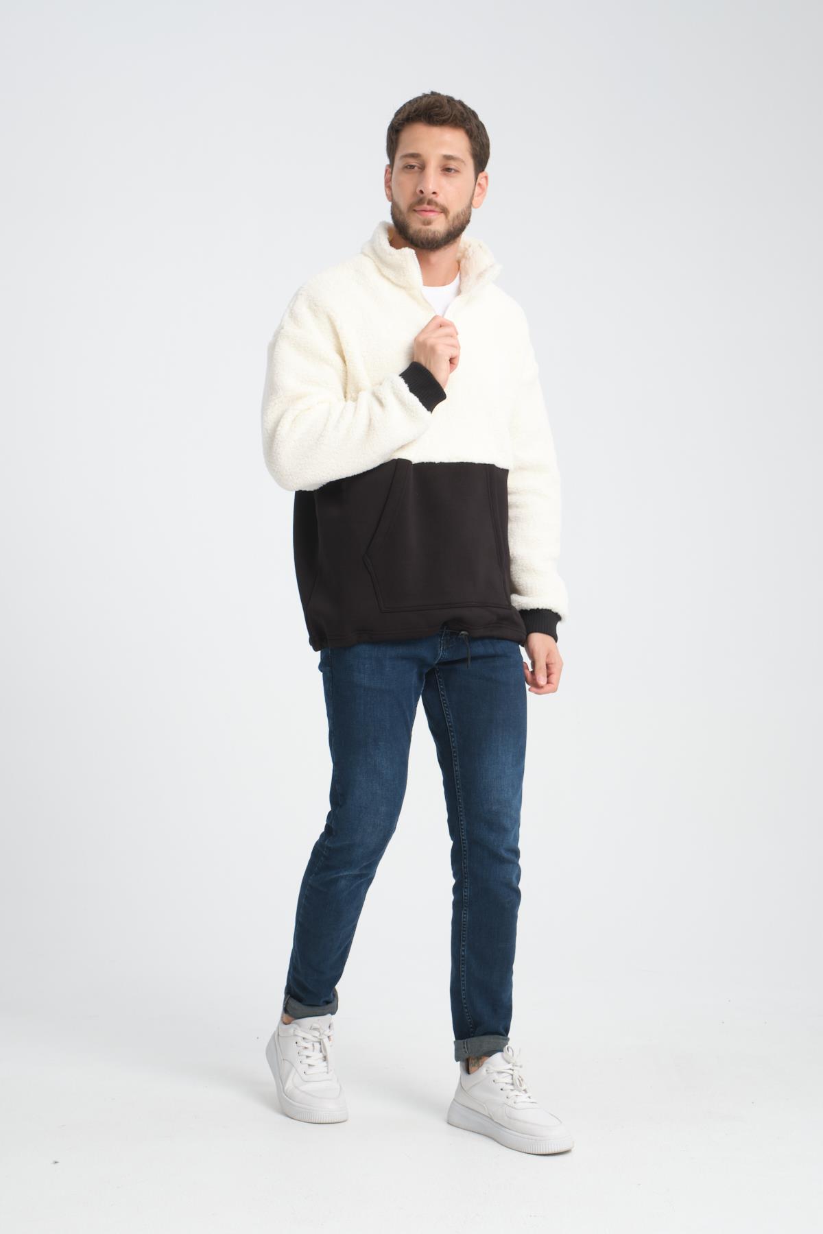 R-2455 Yarım Fermuarlı 3 İp Garni Detaylı Peluş Sweat