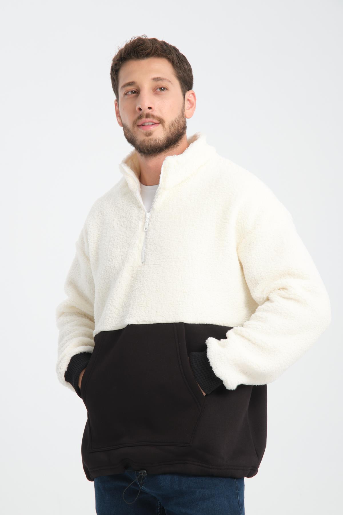 R-2455 Yarım Fermuarlı 3 İp Garni Detaylı Peluş Sweat