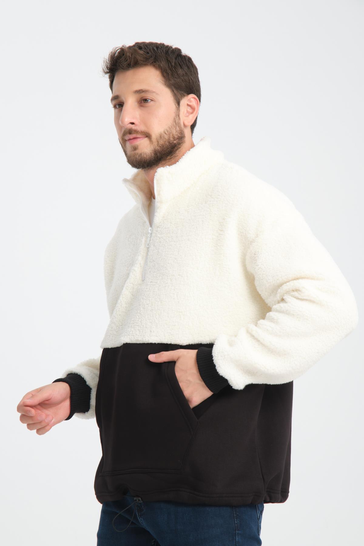 R-2455 Yarım Fermuarlı 3 İp Garni Detaylı Peluş Sweat