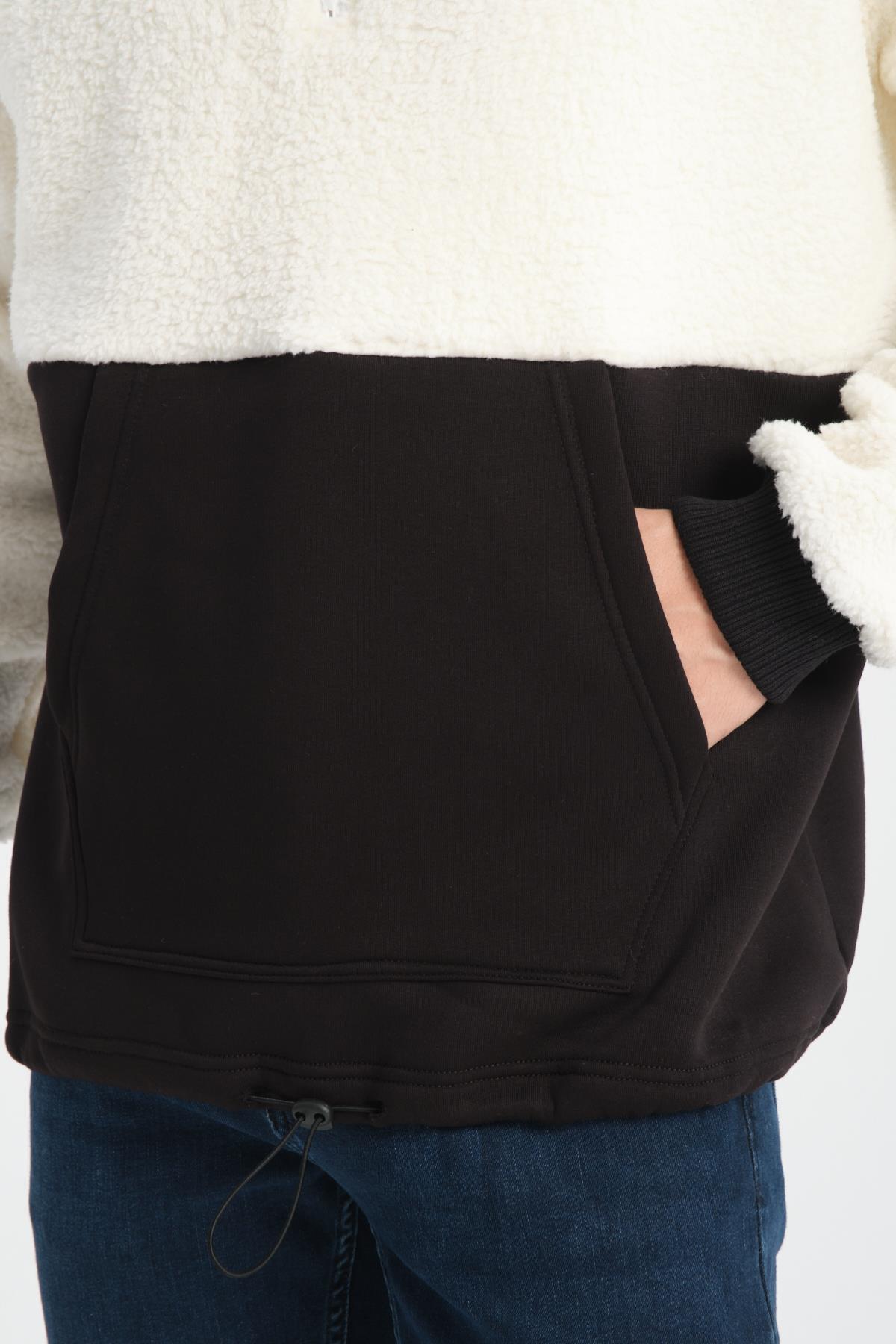 R-2455 Yarım Fermuarlı 3 İp Garni Detaylı Peluş Sweat