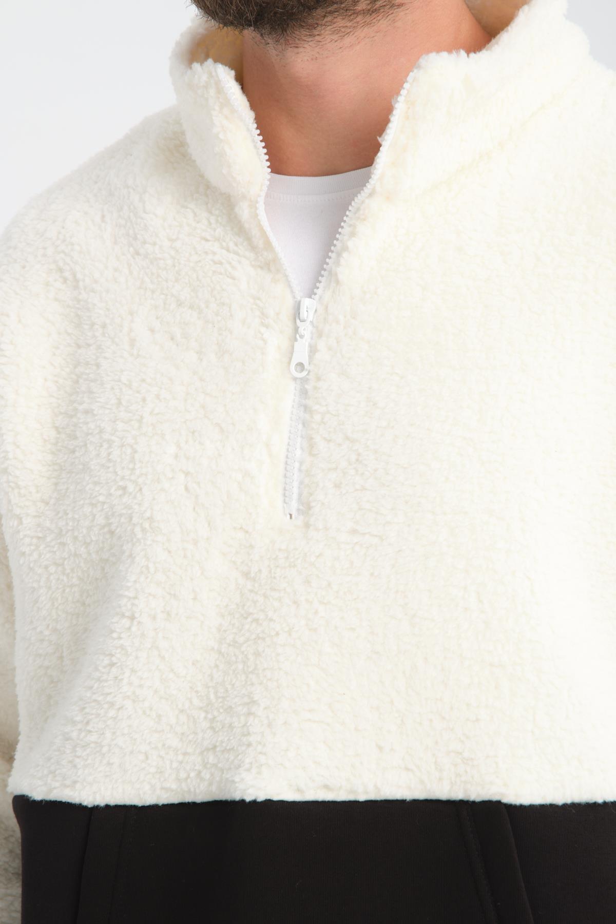 R-2455 Yarım Fermuarlı 3 İp Garni Detaylı Peluş Sweat