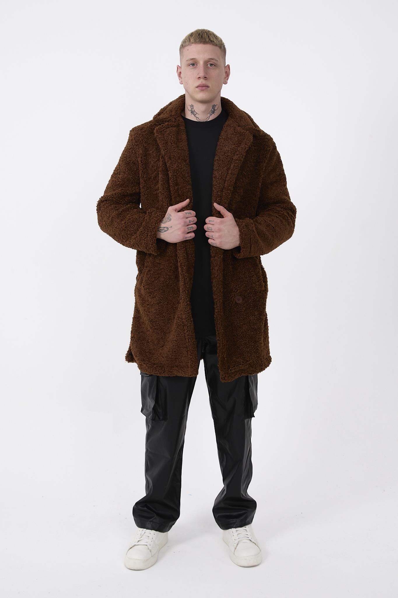R-2469 Astarlı Yan Yırtmaçlı Peluş Uzun Mont