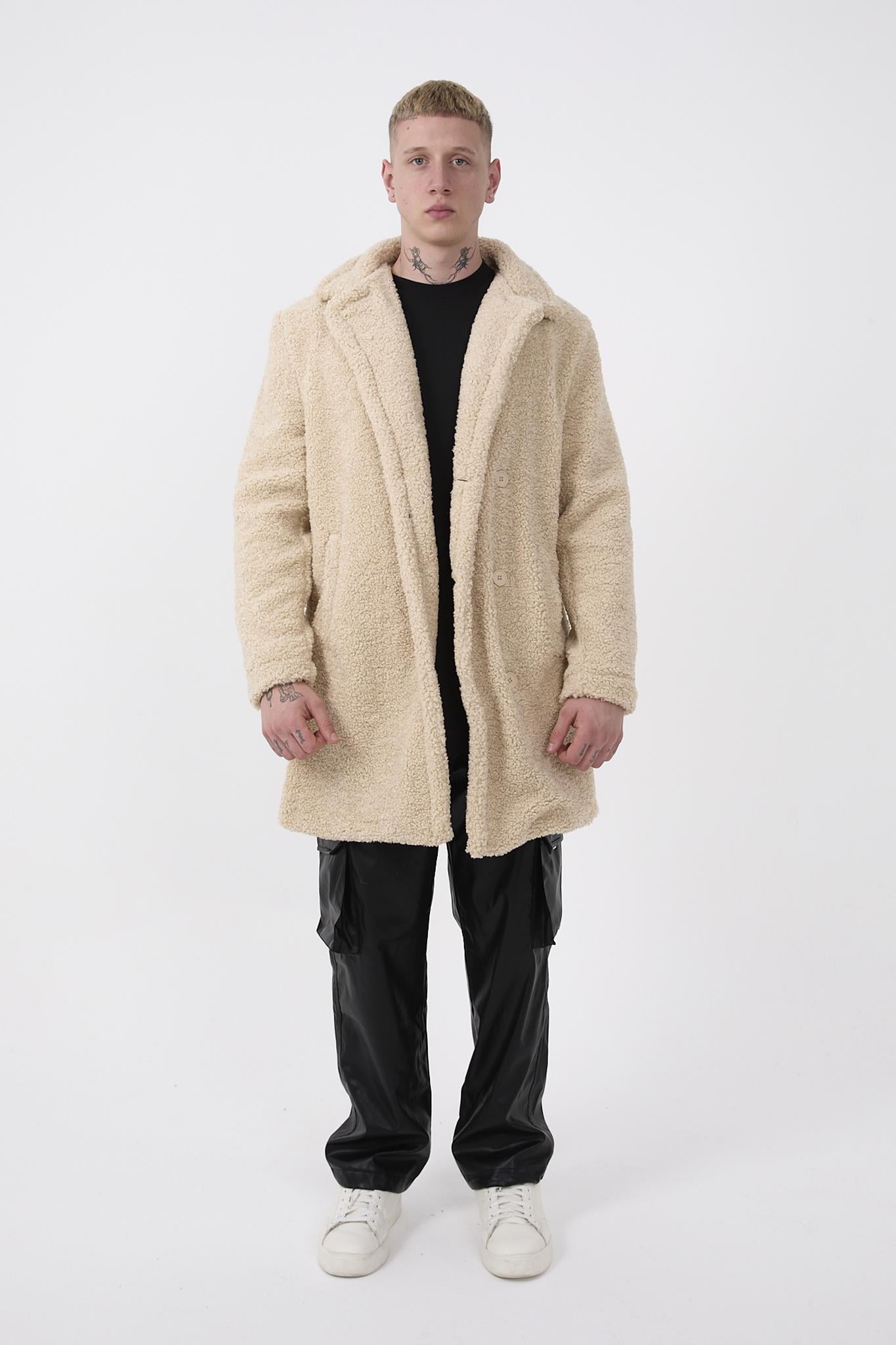 R-2469 Astarlı Yan Yırtmaçlı Peluş Uzun Mont