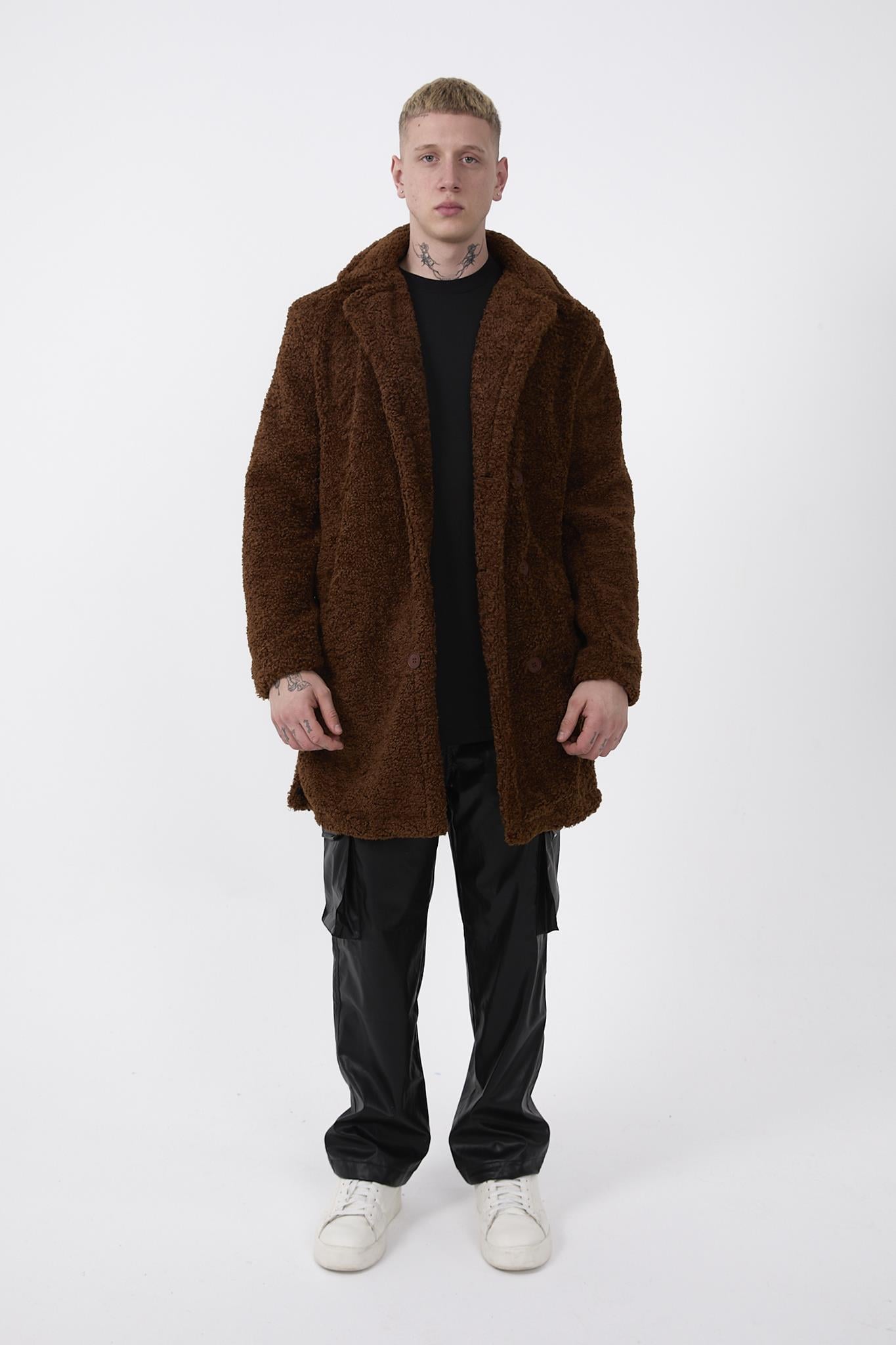 R-2469 Astarlı Yan Yırtmaçlı Peluş Uzun Mont