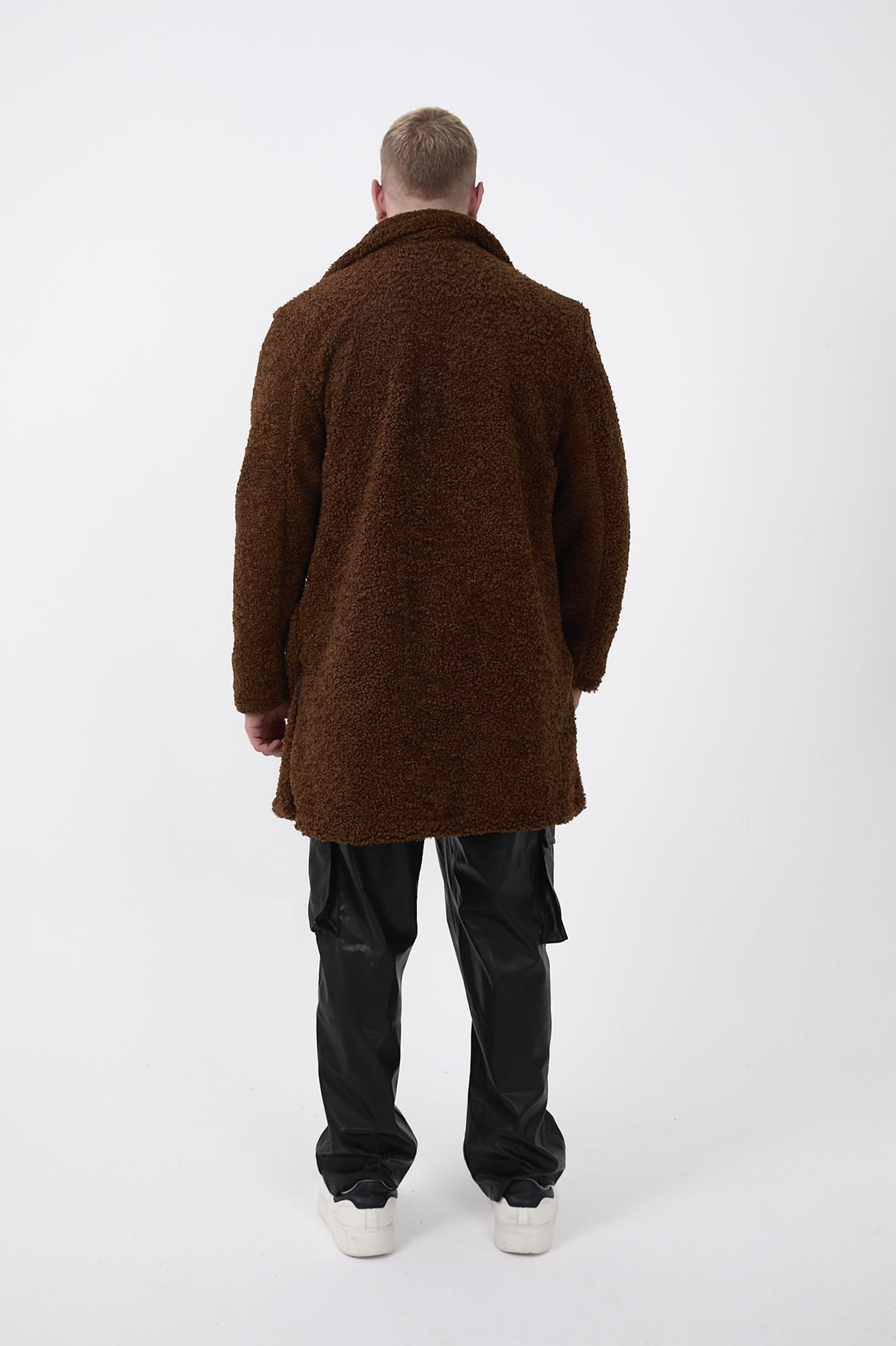 R-2469 Astarlı Yan Yırtmaçlı Peluş Uzun Mont