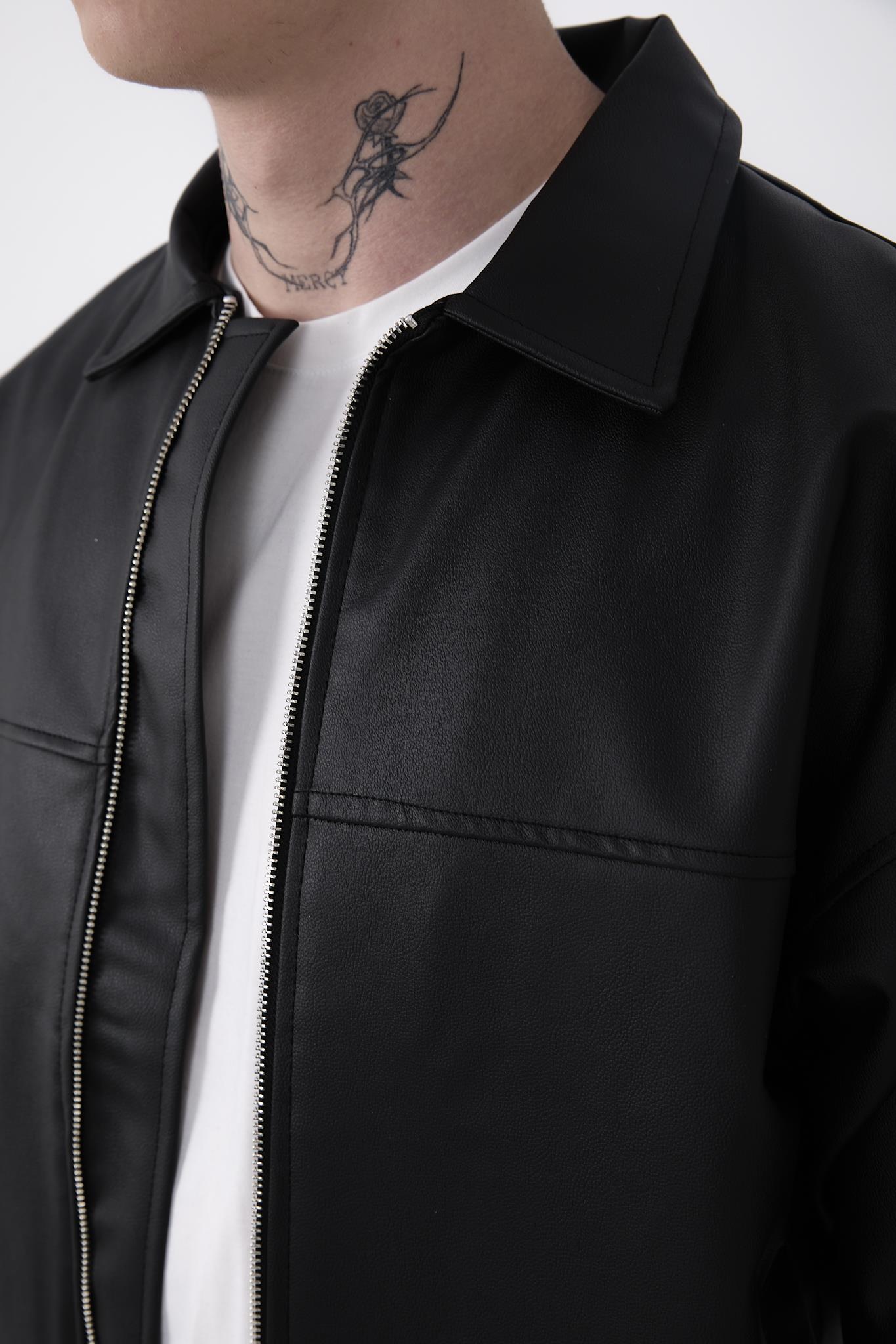R-2471 İçi Astarlı Arka Detaylı Deri Mont