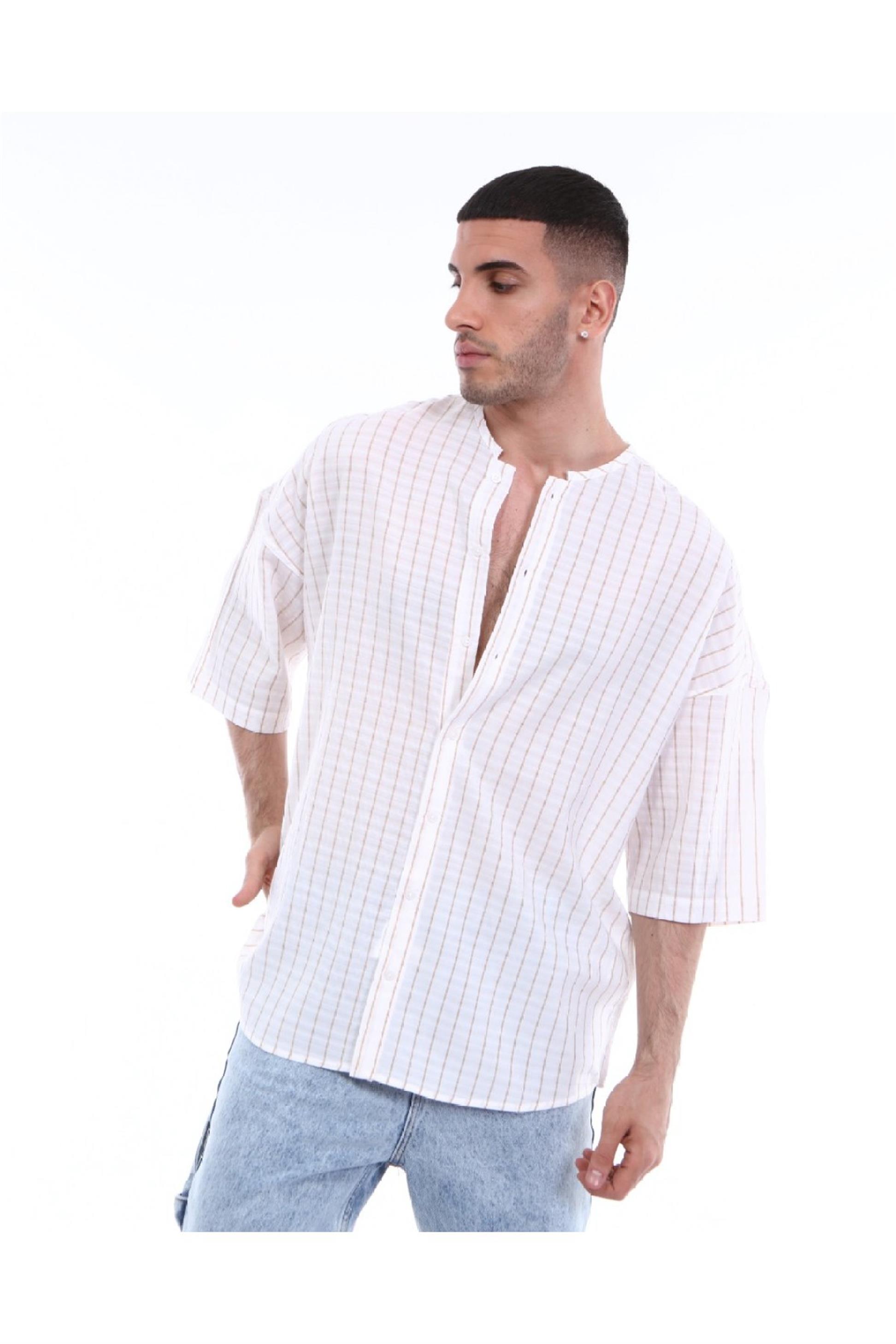 R-3319 YAKASI BİYELİ ÇİZGİLİ OVERSİZE KISA KOLLU GÖMLEK