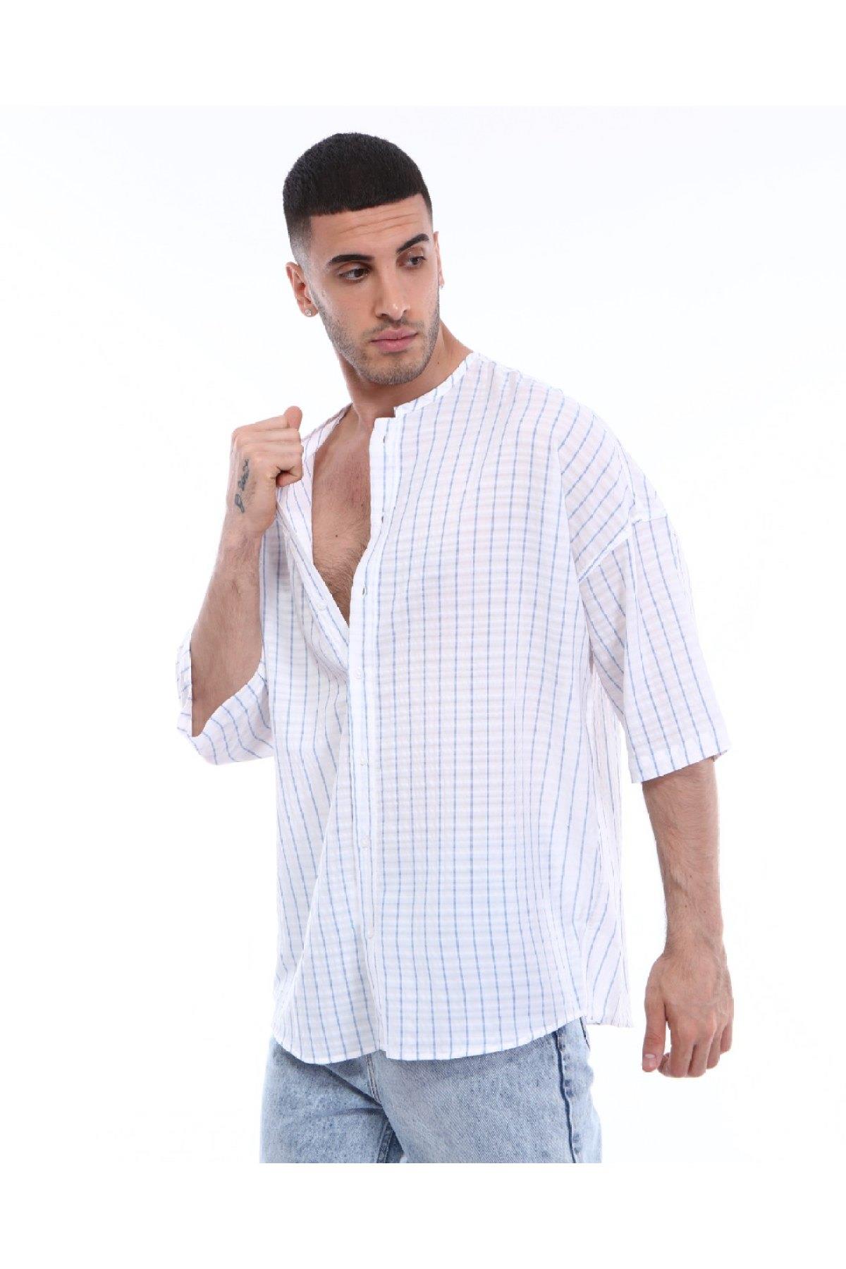 R-3319 YAKASI BİYELİ ÇİZGİLİ OVERSİZE KISA KOLLU GÖMLEK