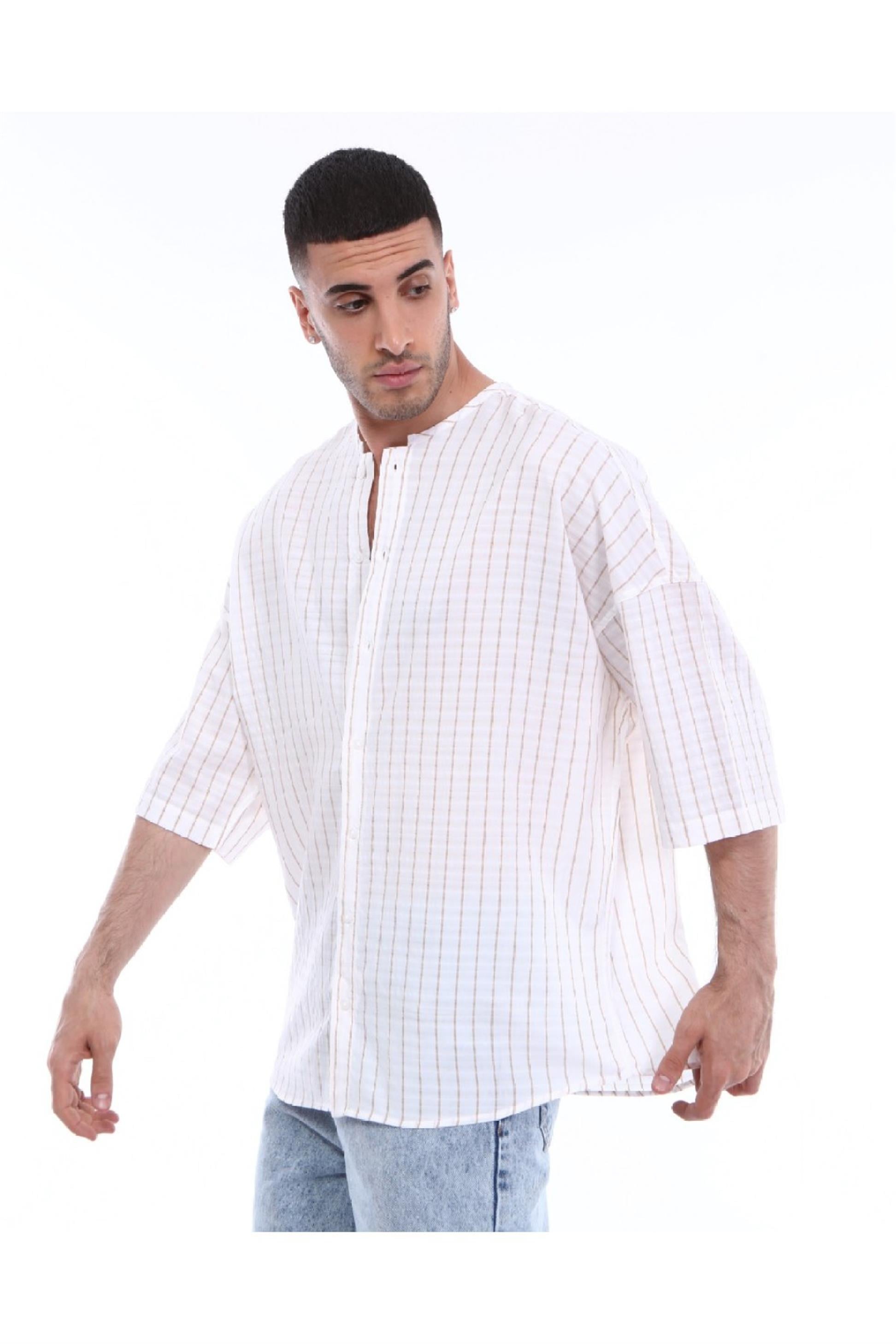 R-3319 YAKASI BİYELİ ÇİZGİLİ OVERSİZE KISA KOLLU GÖMLEK