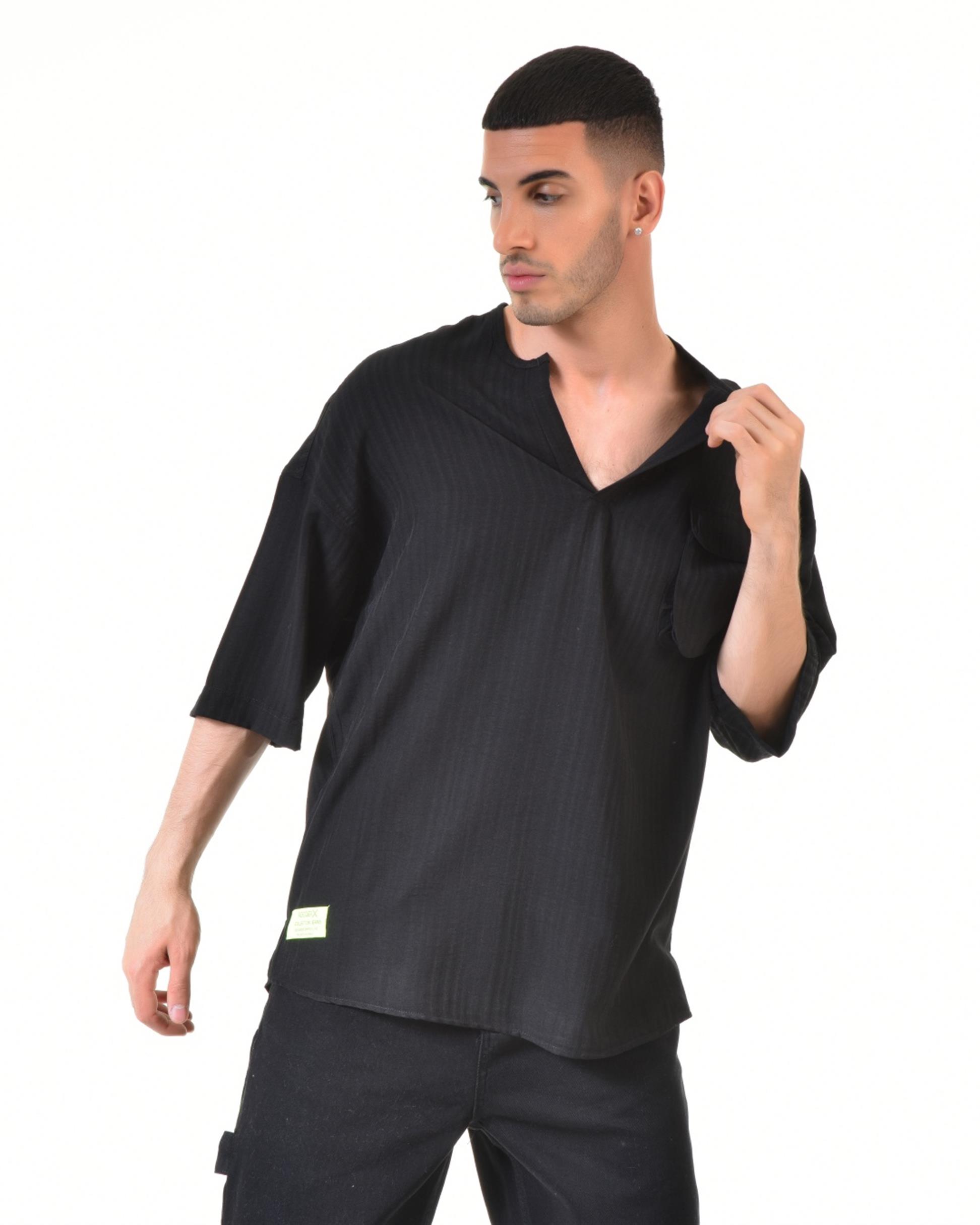 R-3323 Torba Cep Detaylı Biye Yakalı Çizgili Oversize Gömlek