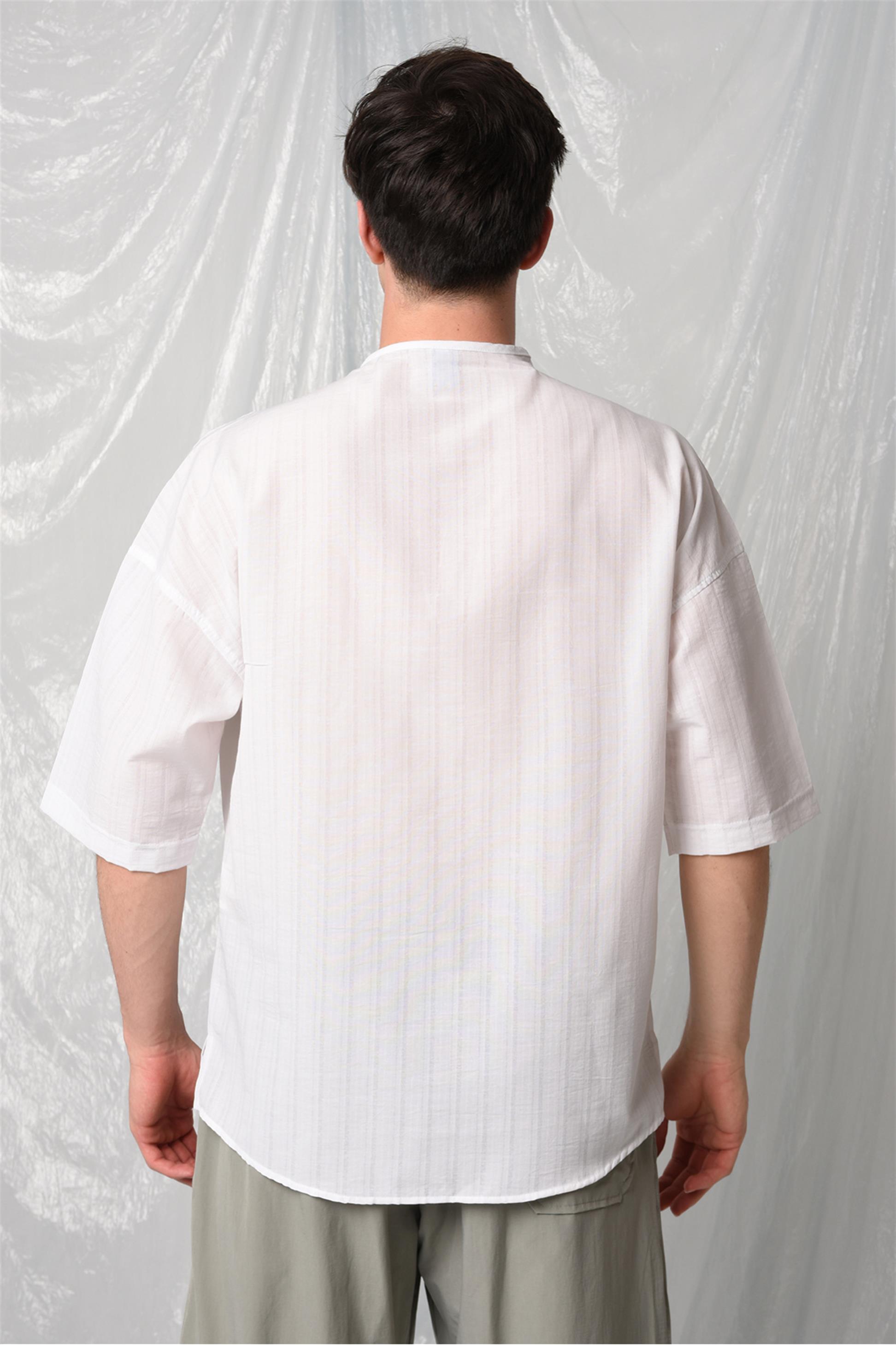 R-3323 Torba Cep Detaylı Biye Yakalı Çizgili Oversize Gömlek