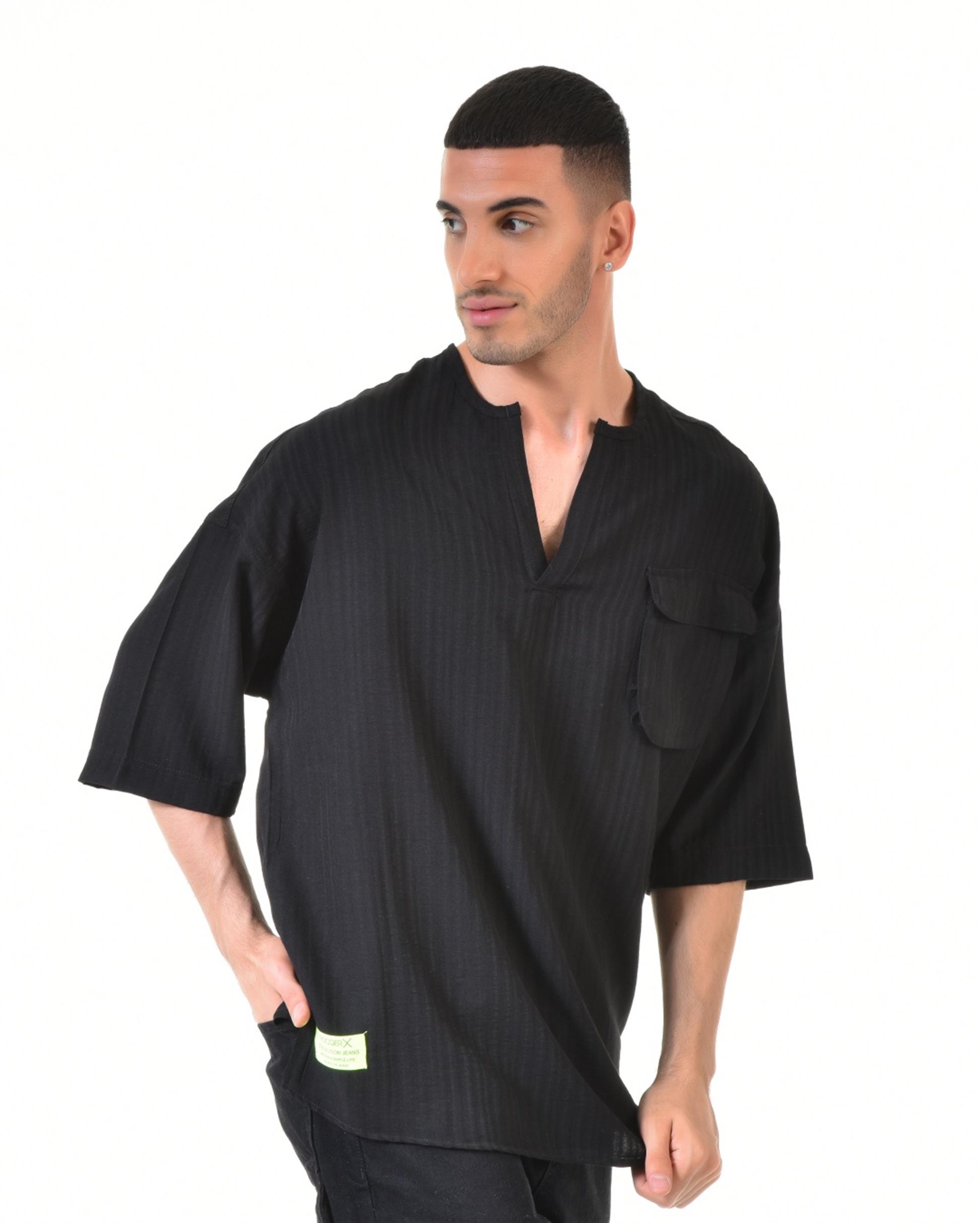 R-3323 Torba Cep Detaylı Biye Yakalı Çizgili Oversize Gömlek