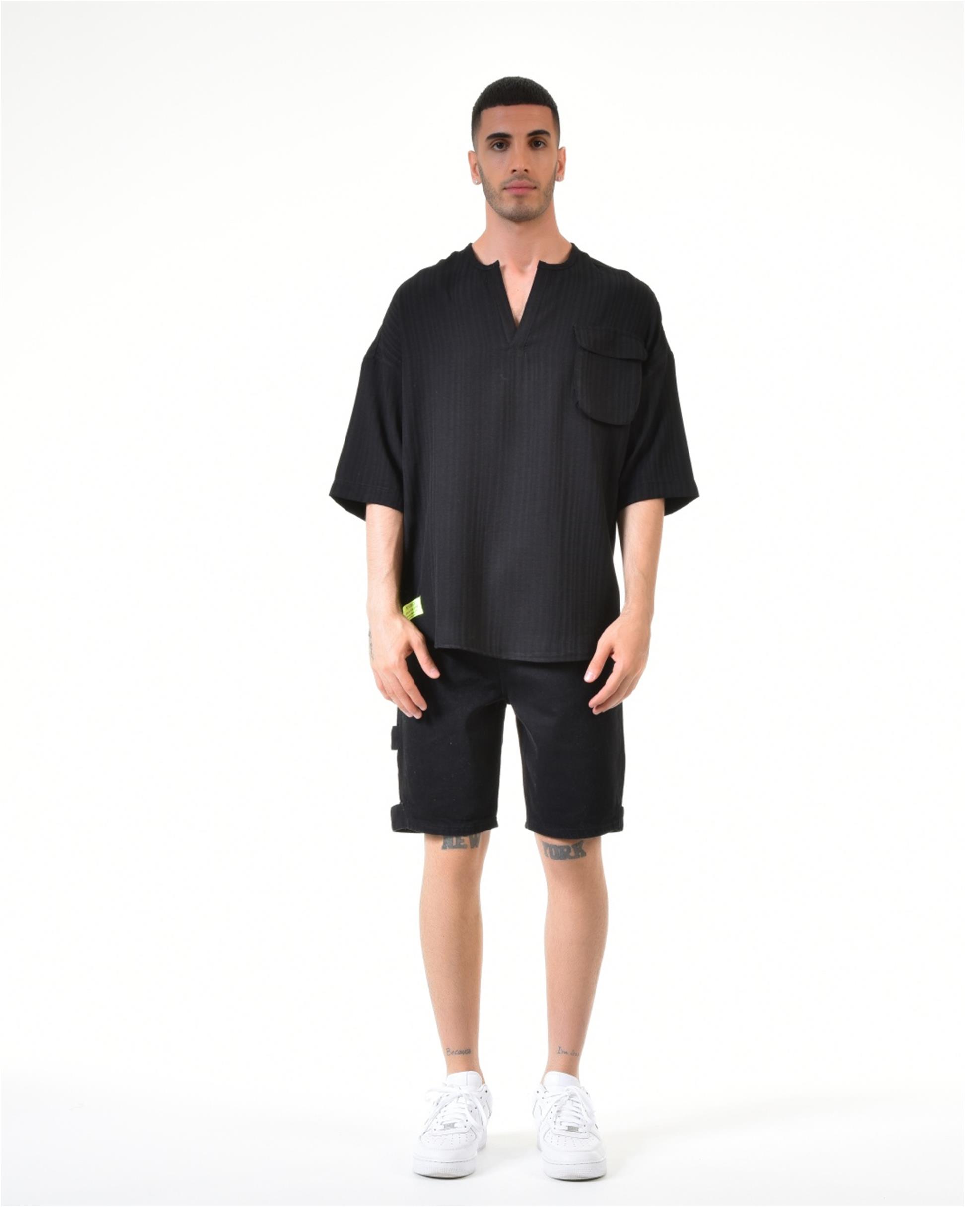 R-3323 Torba Cep Detaylı Biye Yakalı Çizgili Oversize Gömlek