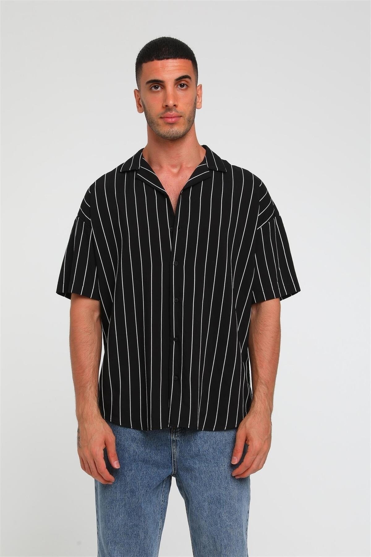 R-3397 KISA KOLLU ÇİZGİLİ GÖMLEK
