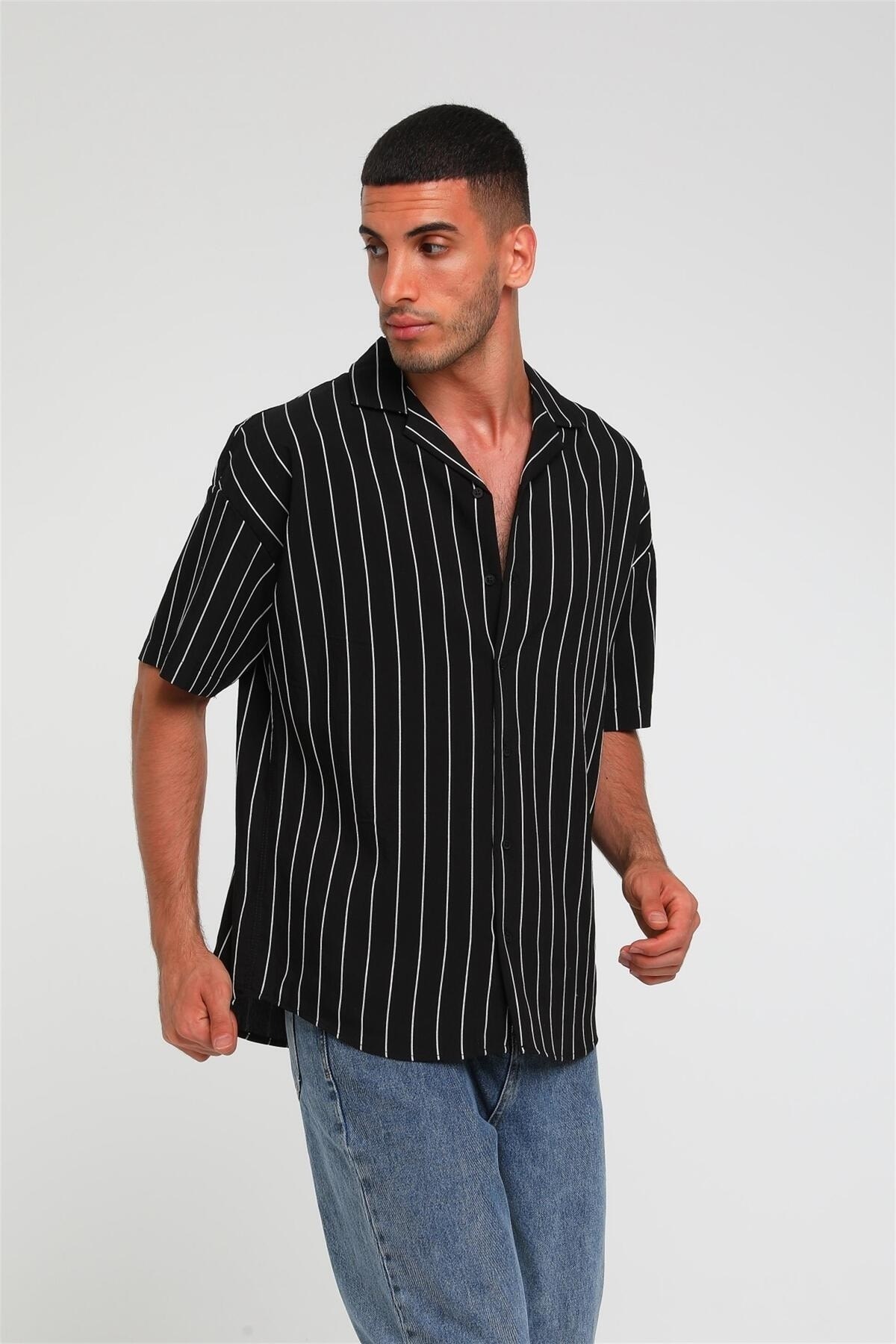 R-3397 KISA KOLLU ÇİZGİLİ GÖMLEK