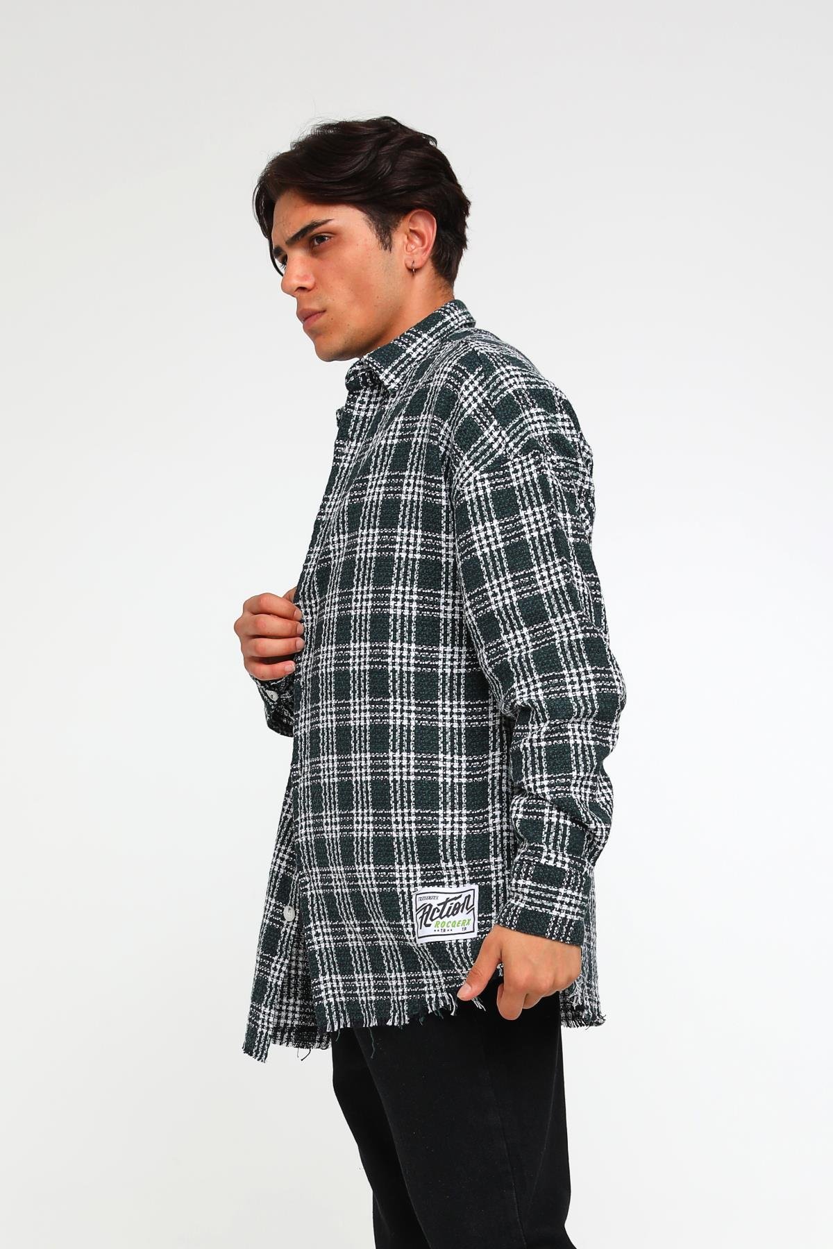 R-3475 Eteği Pis Dikiş Detaylı Oversize Oduncu Gömlek