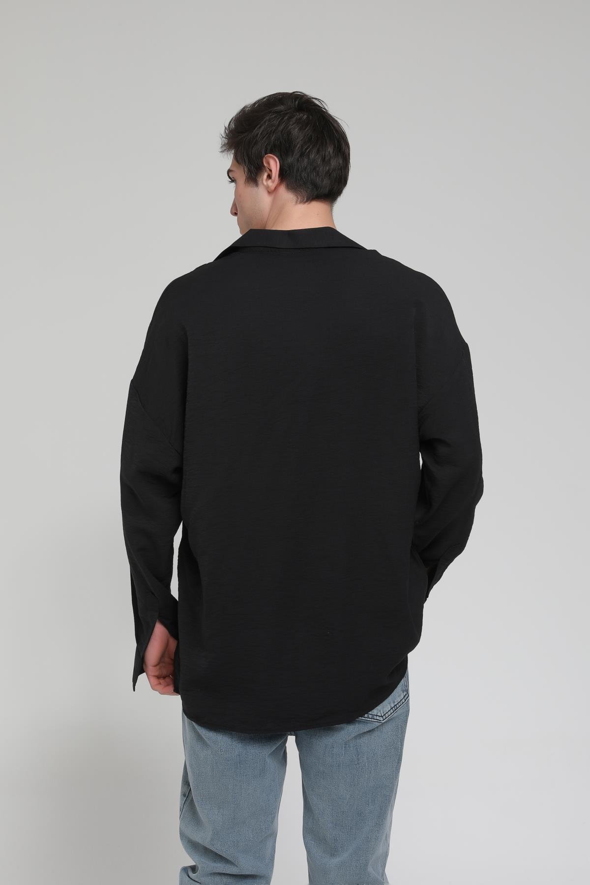 R-3575 Apaş Yaka Uzun Kollu Aerobin Kumaş Oversize Gömlek