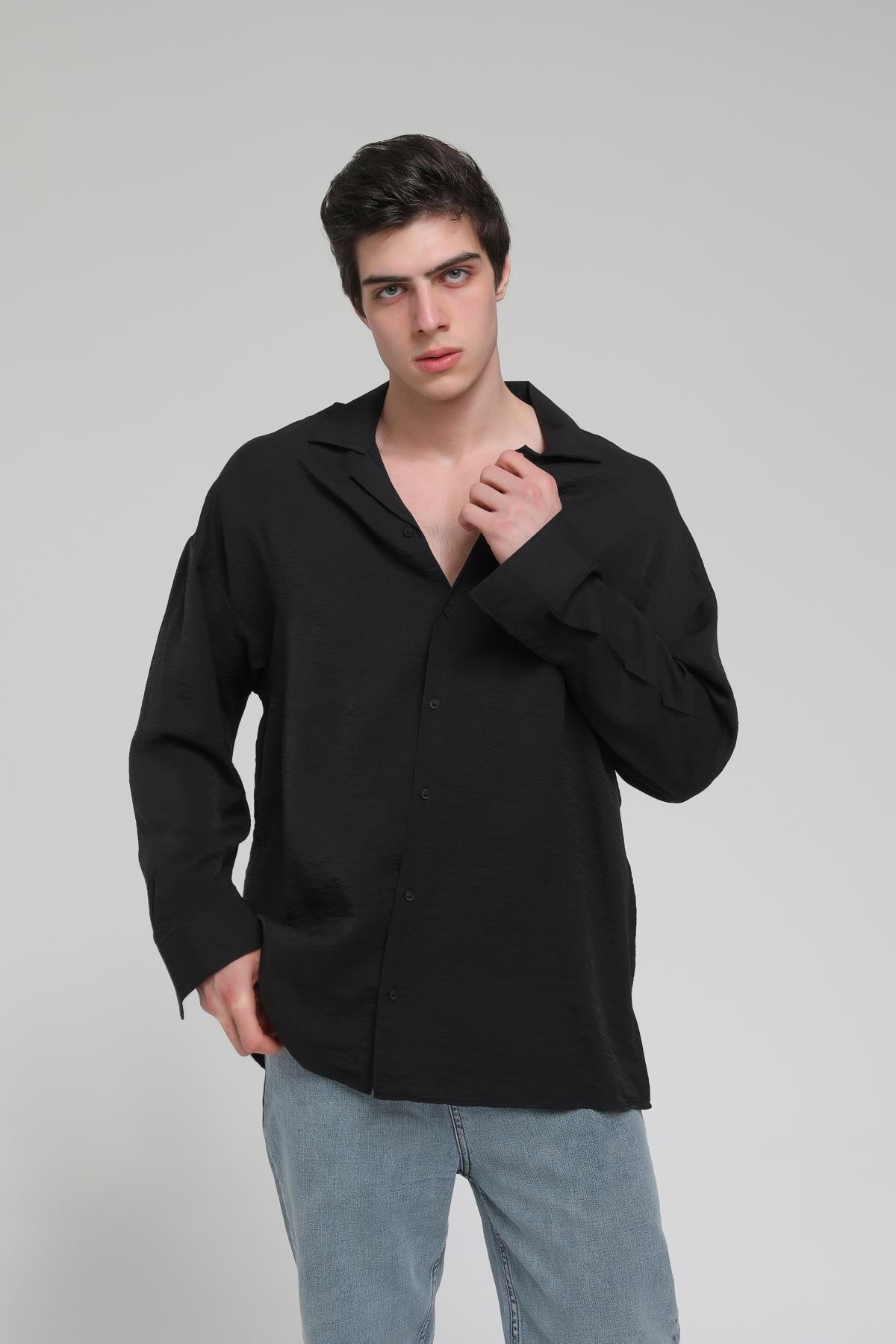 R-3575 Apaş Yaka Uzun Kollu Aerobin Kumaş Oversize Gömlek