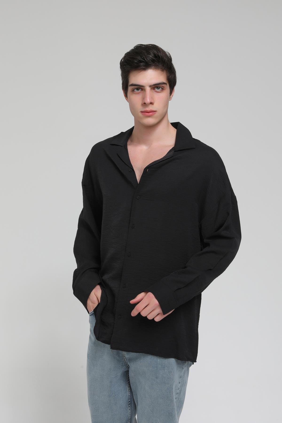 R-3575 Apaş Yaka Uzun Kollu Aerobin Kumaş Oversize Gömlek