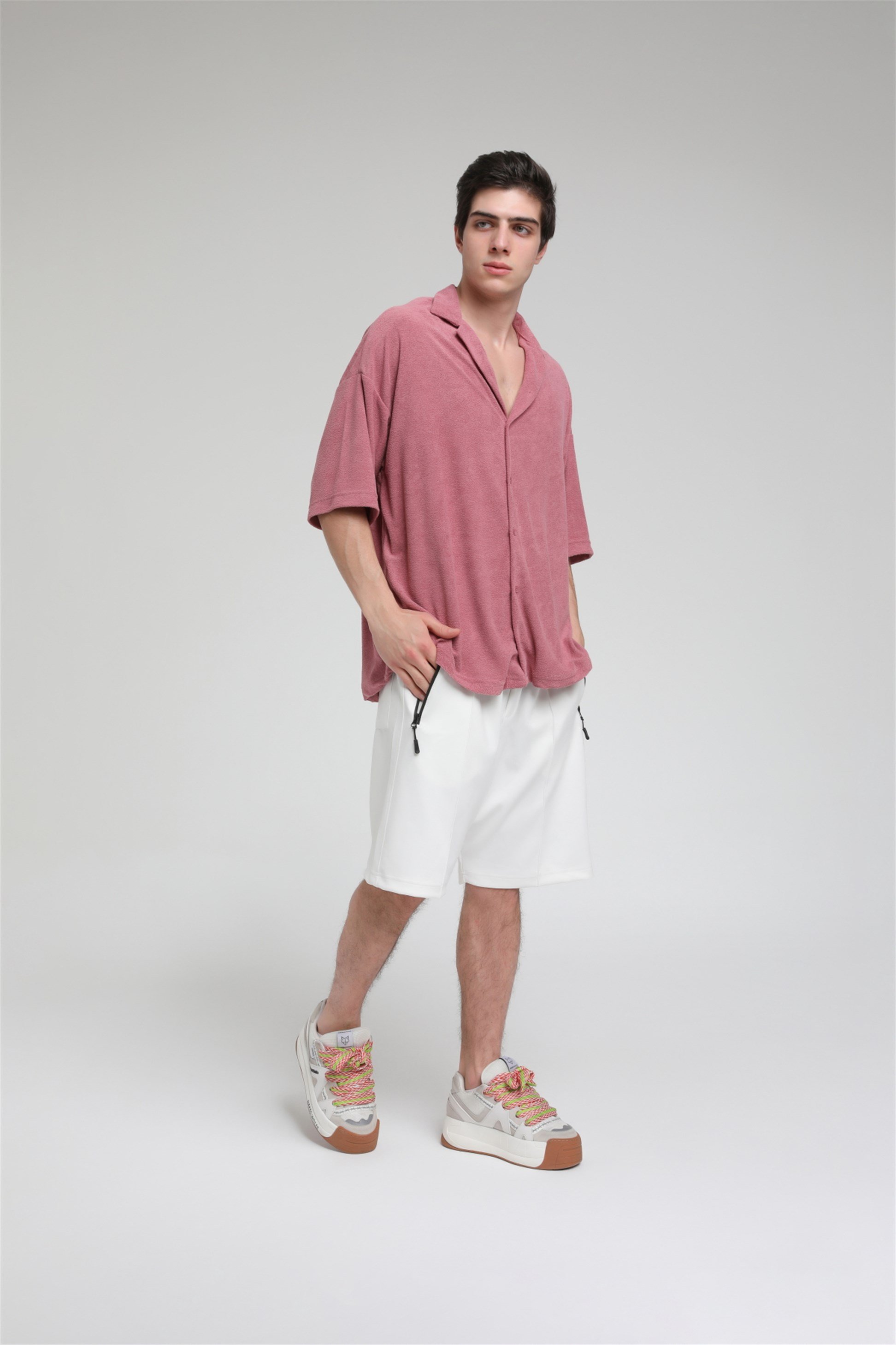R-3584 Oversize Apaş Yaka Havlu Kumaş Gömlek