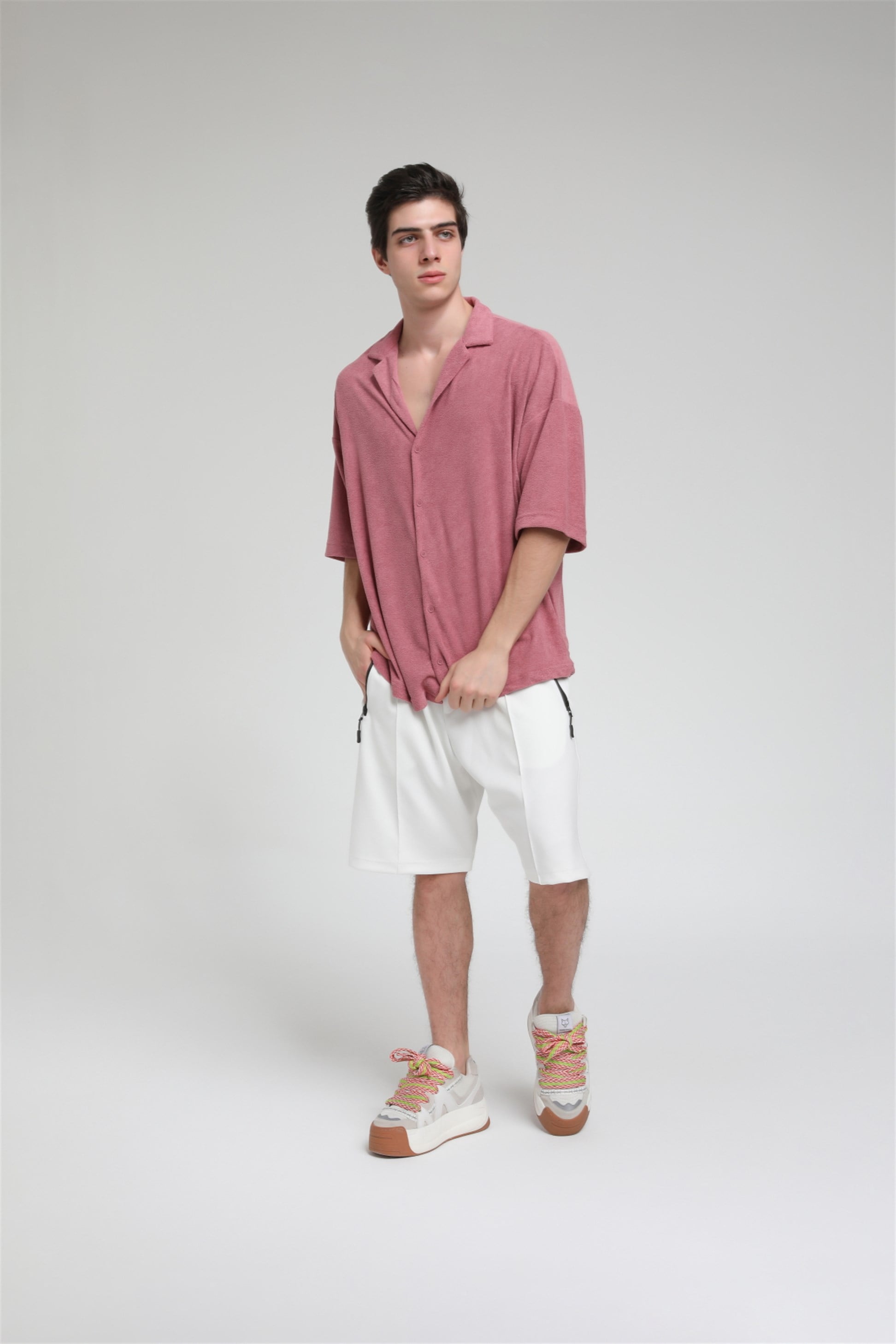 R-3584 Oversize Apaş Yaka Havlu Kumaş Gömlek