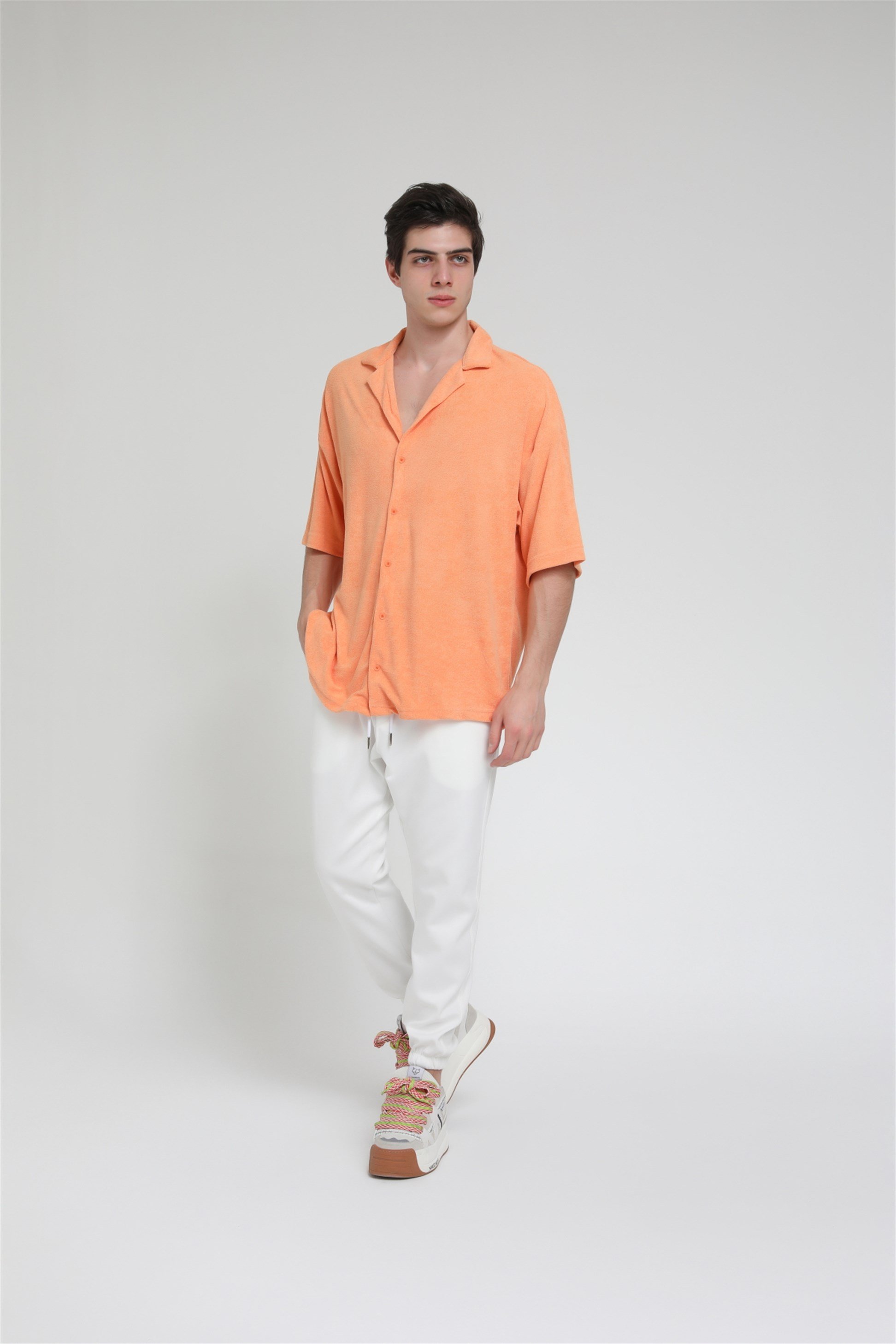 R-3584 Oversize Apaş Yaka Havlu Kumaş Gömlek