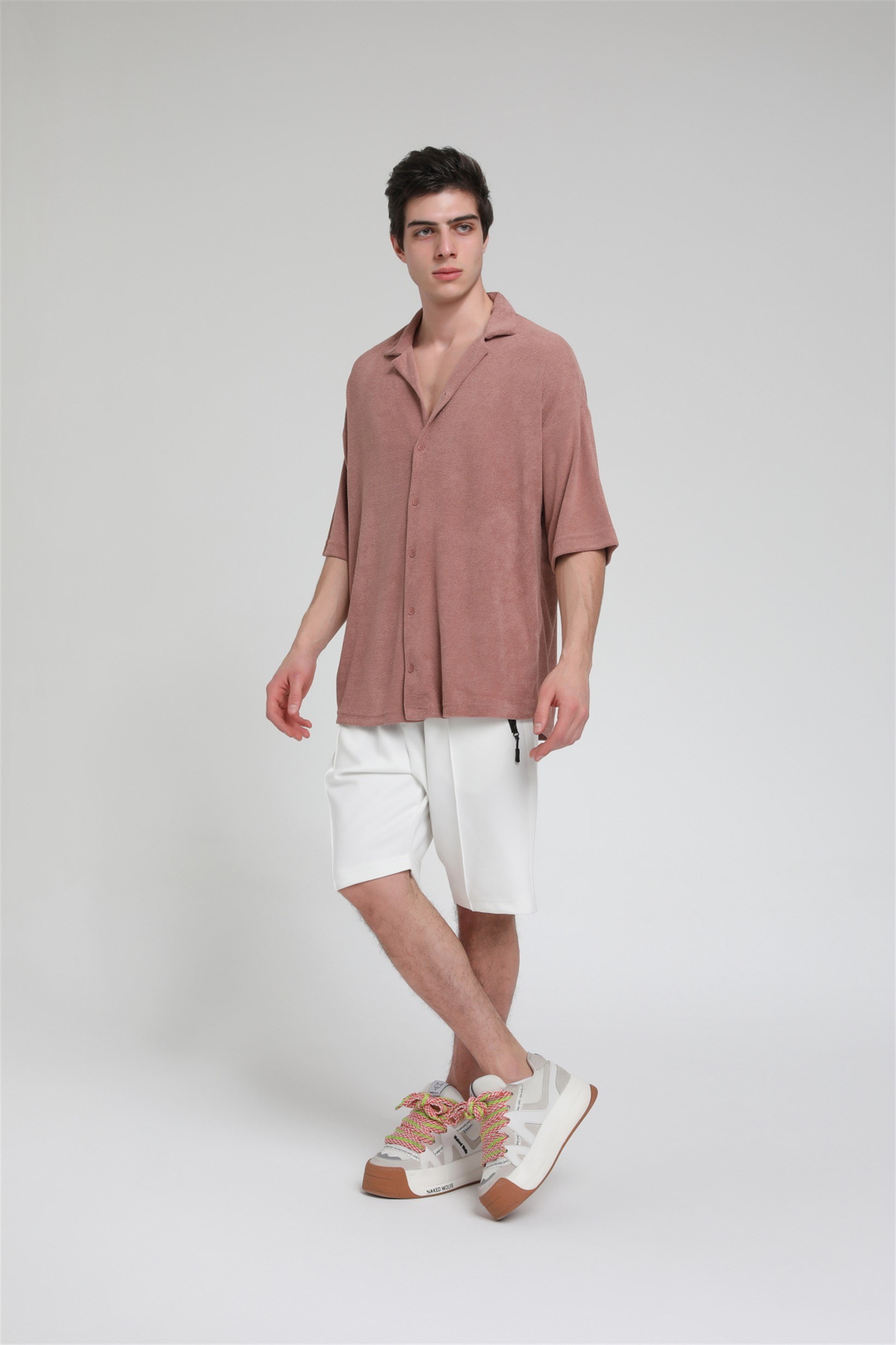 R-3584 Oversize Apaş Yaka Havlu Kumaş Gömlek