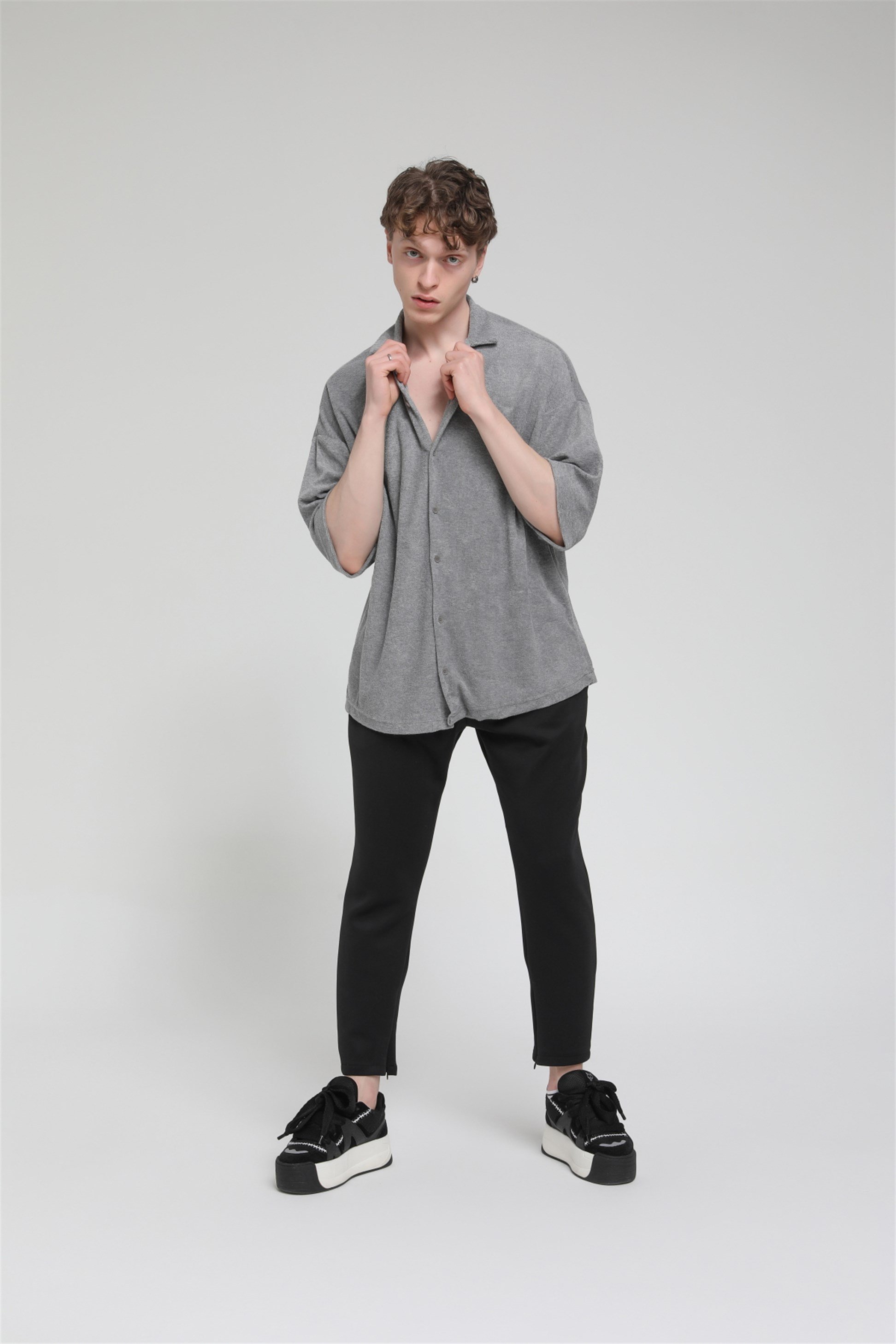 R-3584 Oversize Apaş Yaka Havlu Kumaş Gömlek