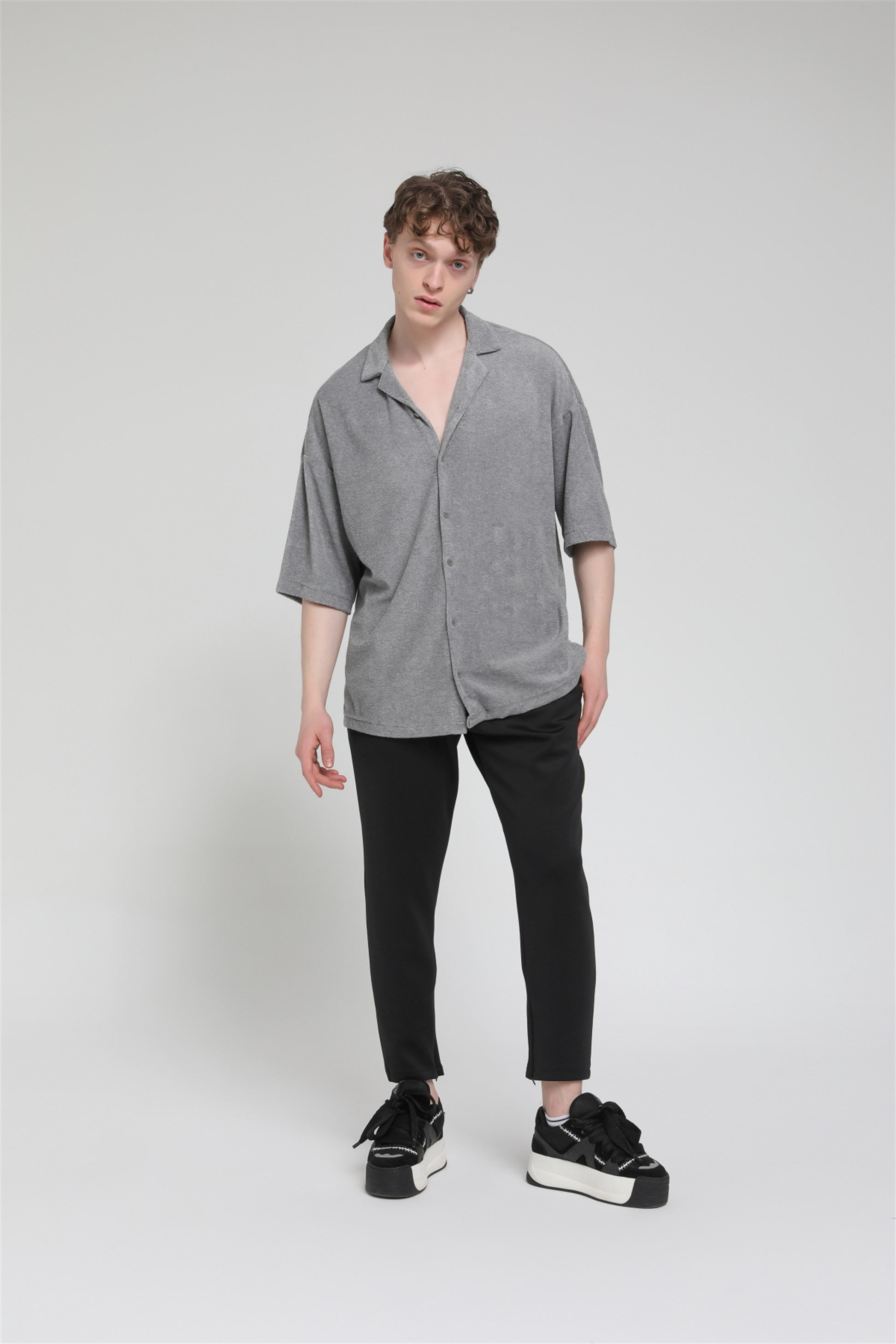 R-3584 Oversize Apaş Yaka Havlu Kumaş Gömlek