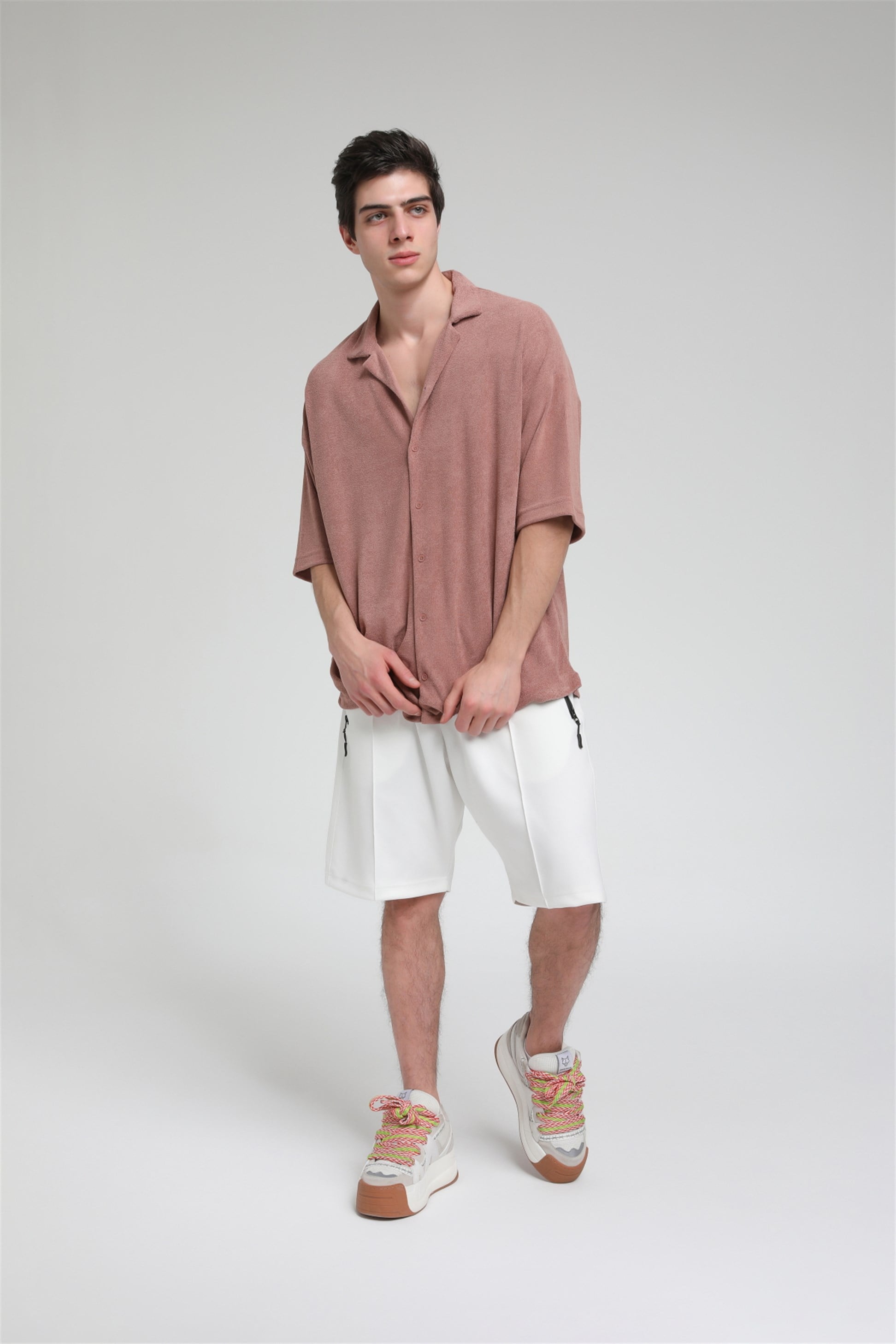 R-3584 Oversize Apaş Yaka Havlu Kumaş Gömlek