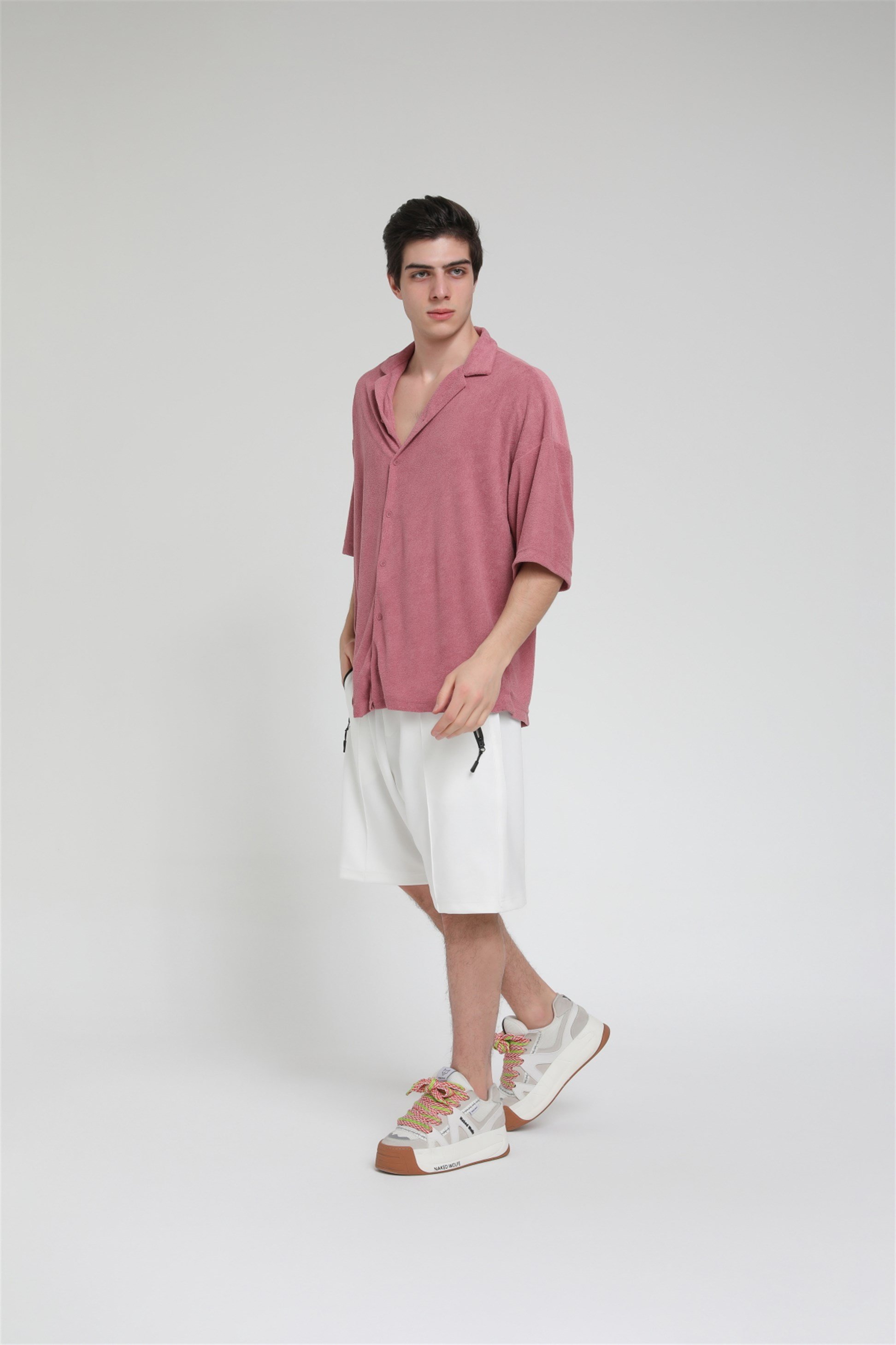 R-3584 Oversize Apaş Yaka Havlu Kumaş Gömlek