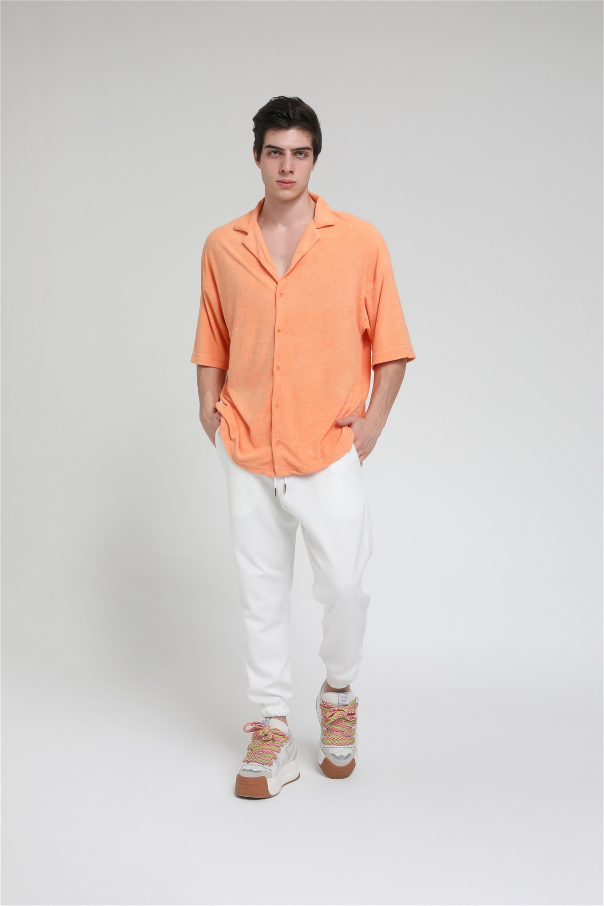 R-3584 Oversize Apaş Yaka Havlu Kumaş Gömlek