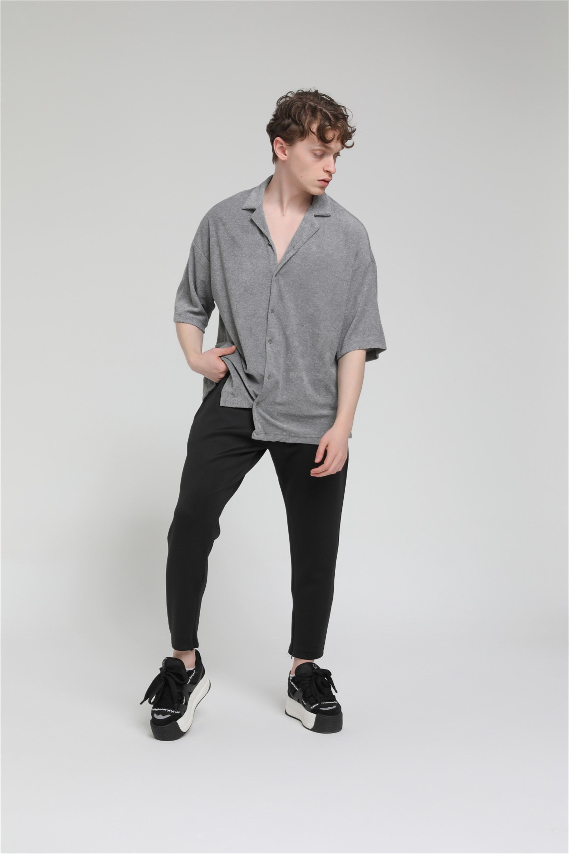 R-3584 Oversize Apaş Yaka Havlu Kumaş Gömlek