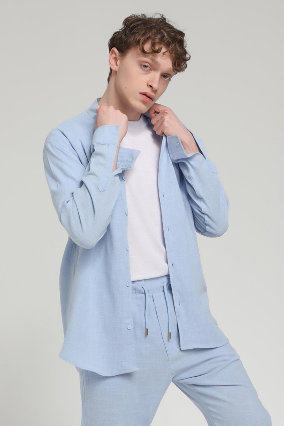 R-3608 Hakim V Yaka Uzun Kol Oversize Keten Karışımlı Gömlek