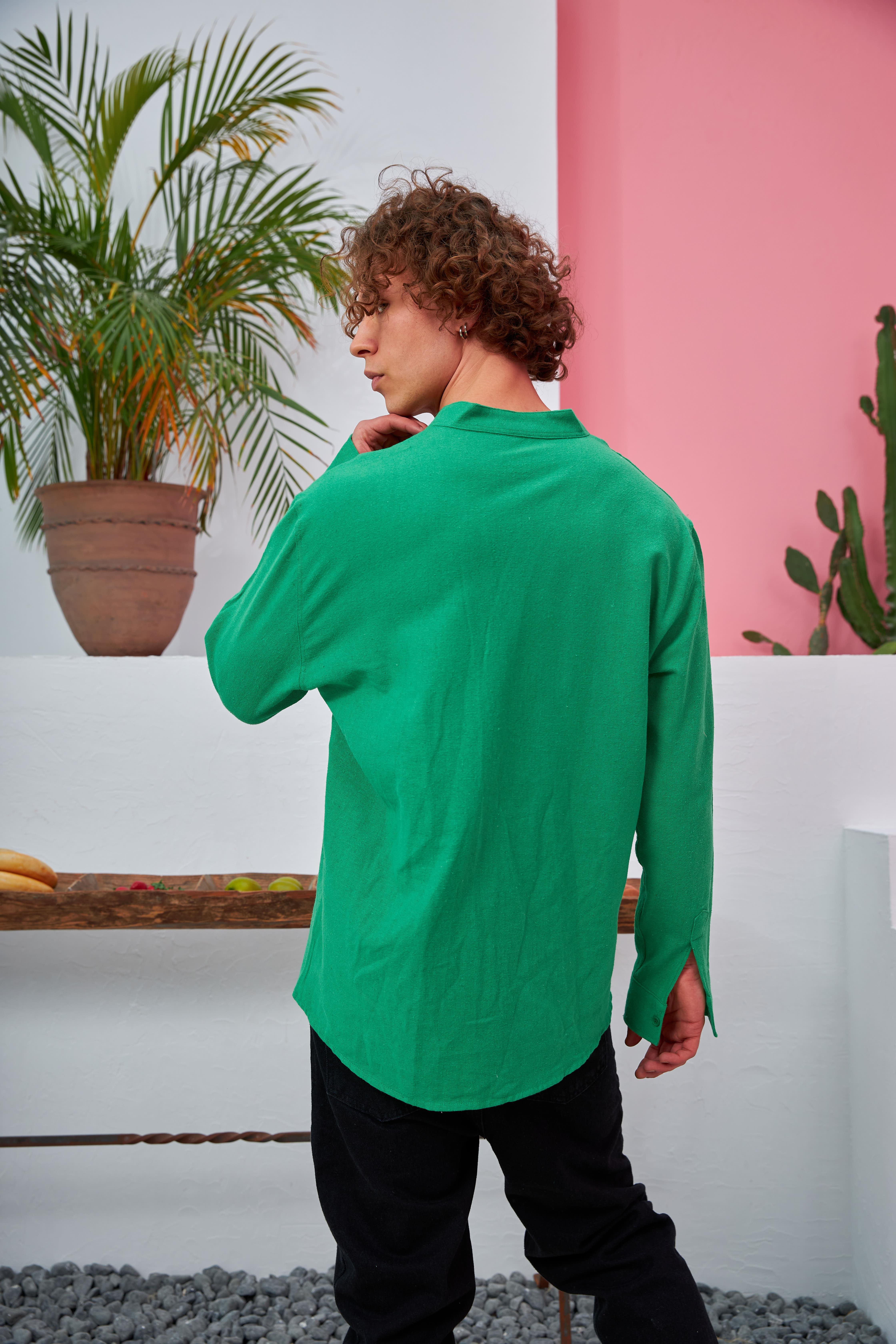 R-3608 Hakim V Yaka Uzun Kol Oversize Keten Karışımlı Gömlek