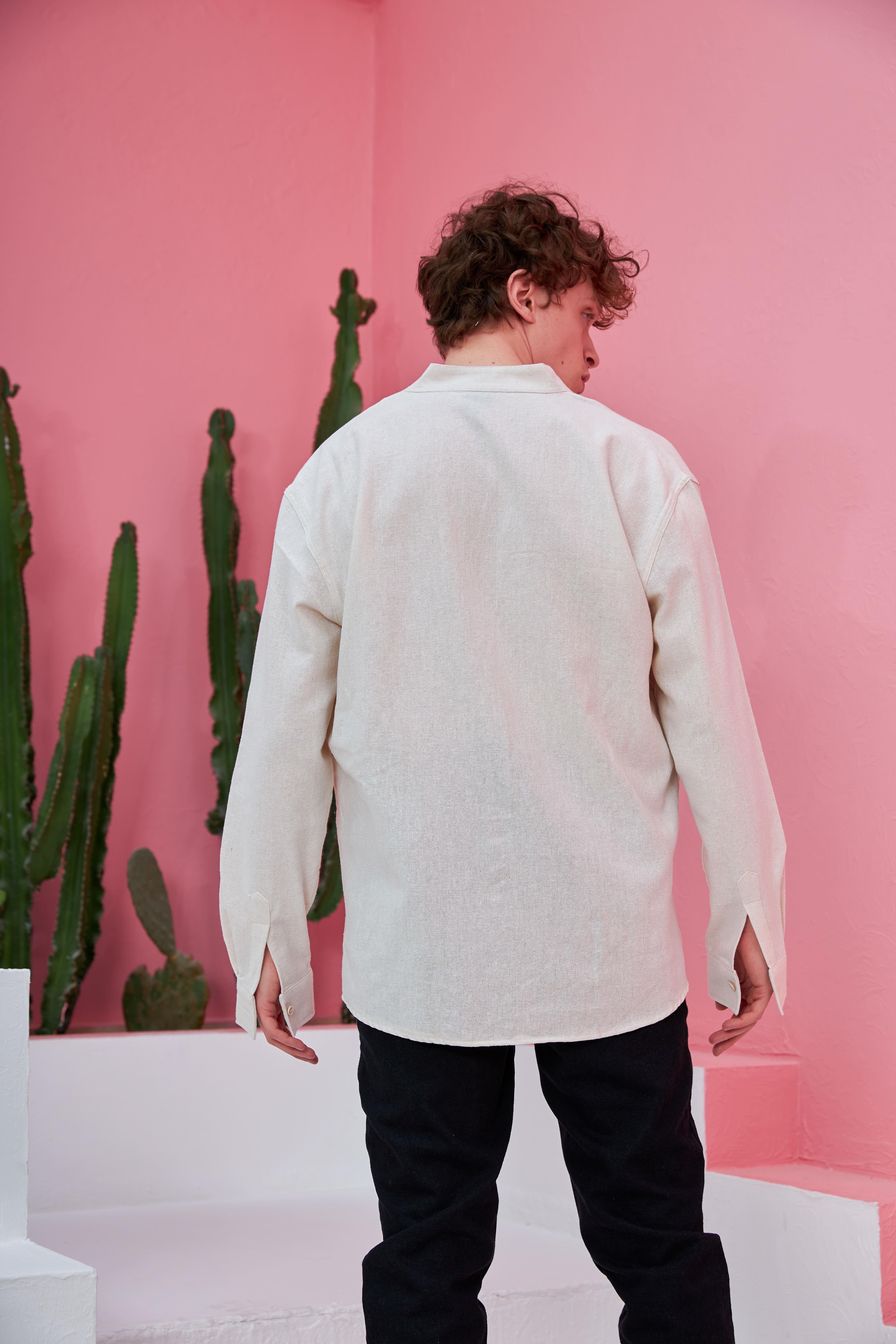 R-3608 Hakim V Yaka Uzun Kol Oversize Keten Karışımlı Gömlek
