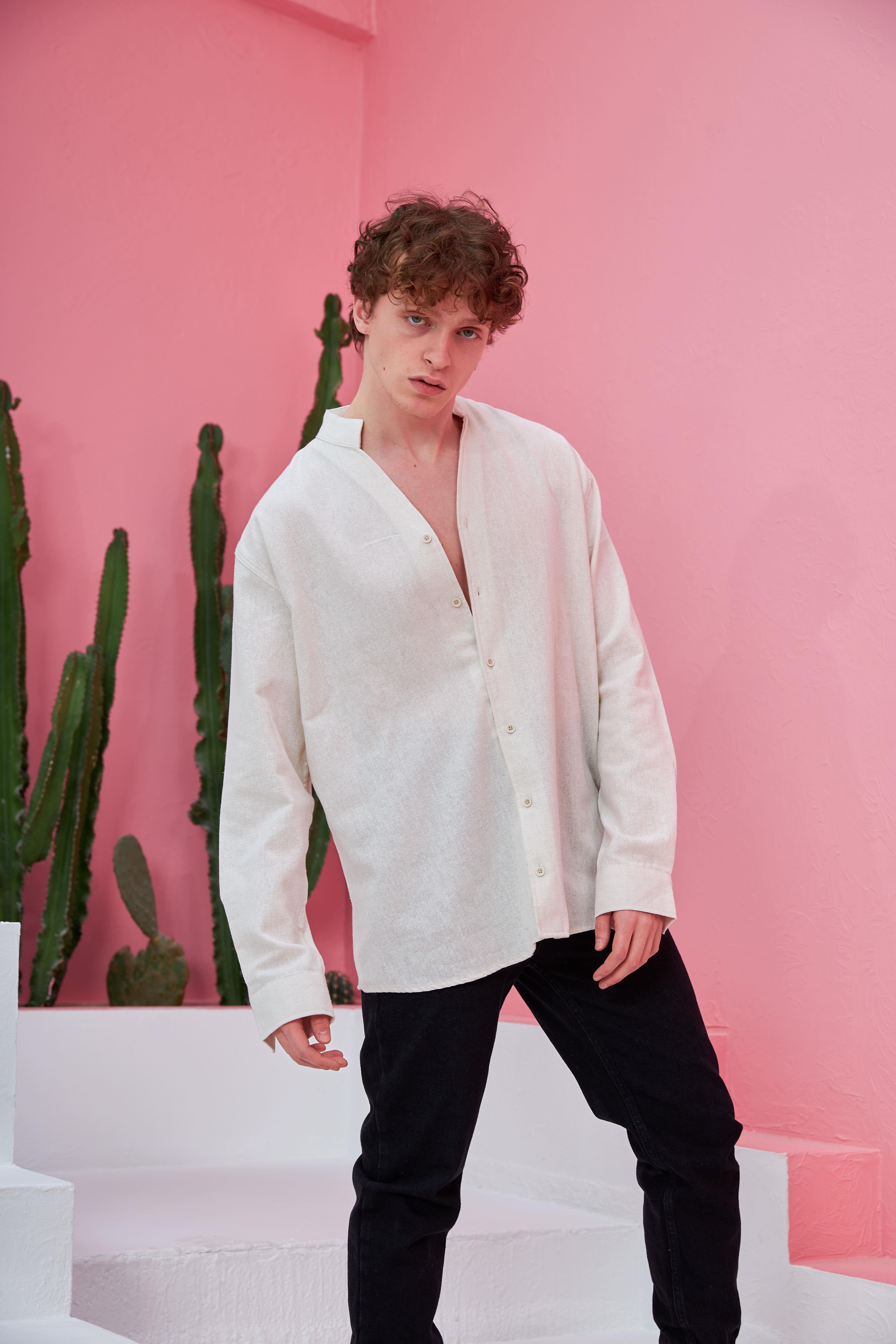 R-3608 Hakim V Yaka Uzun Kol Oversize Keten Karışımlı Gömlek