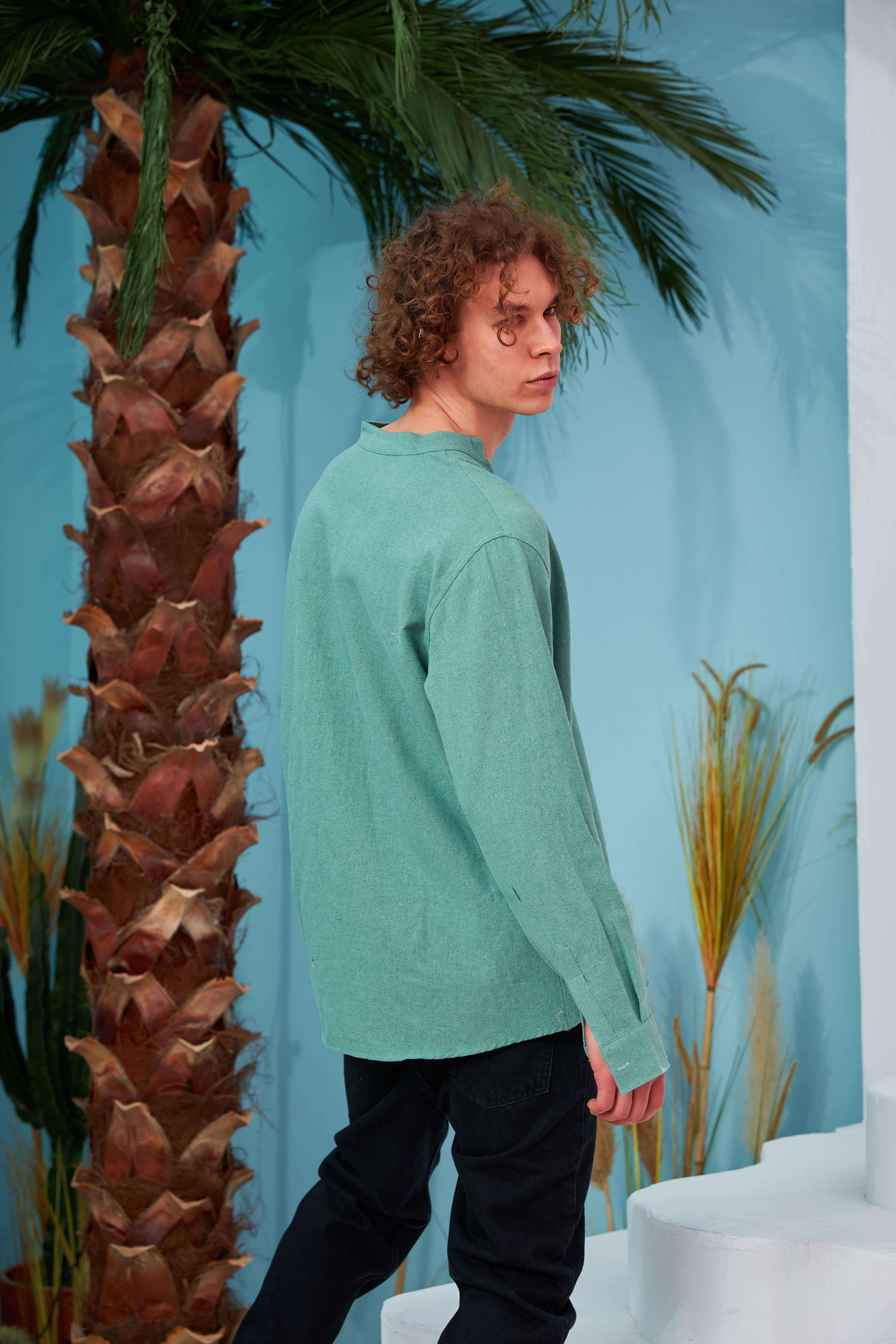 R-3608 Hakim V Yaka Uzun Kol Oversize Keten Karışımlı Gömlek
