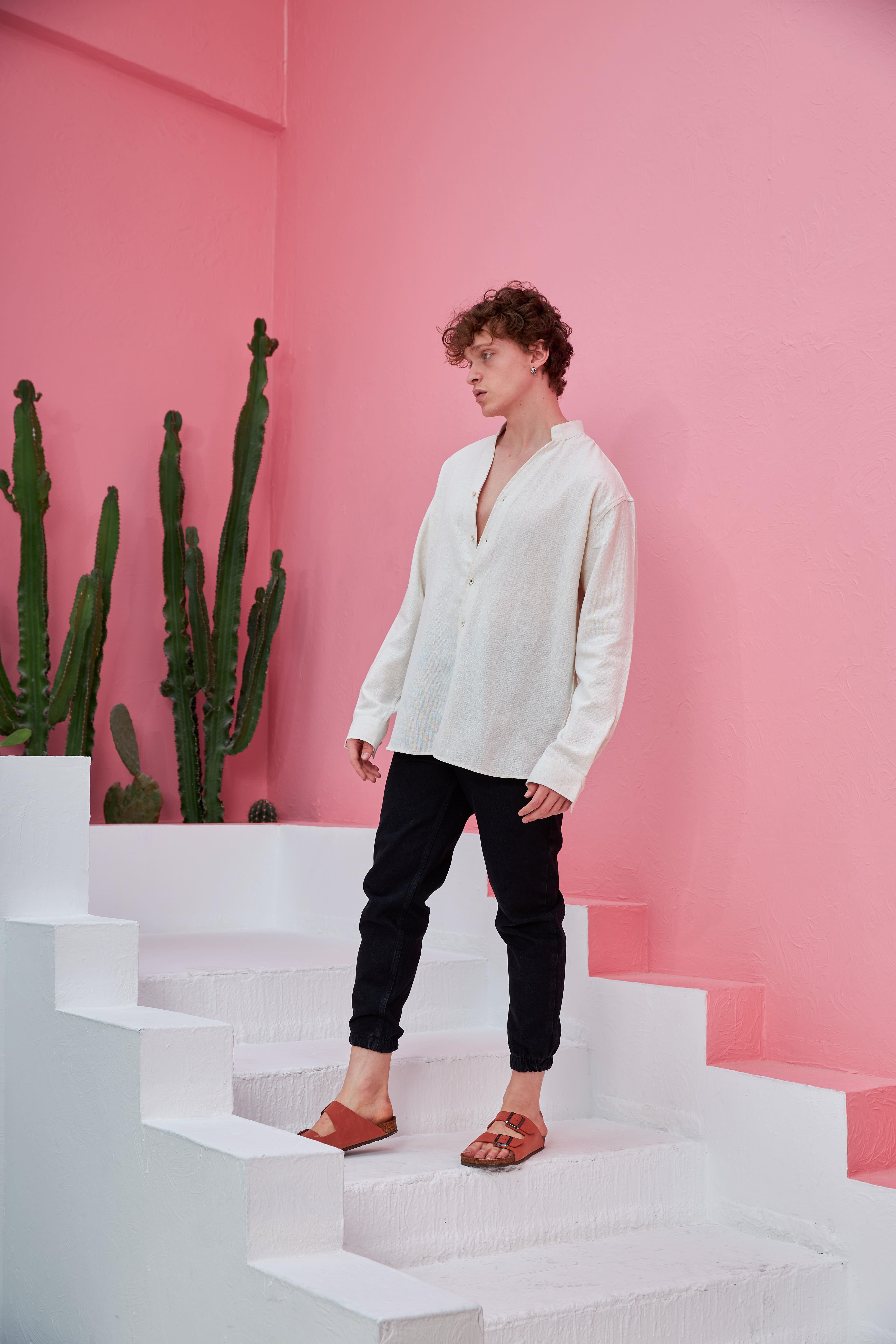 R-3608 Hakim V Yaka Uzun Kol Oversize Keten Karışımlı Gömlek