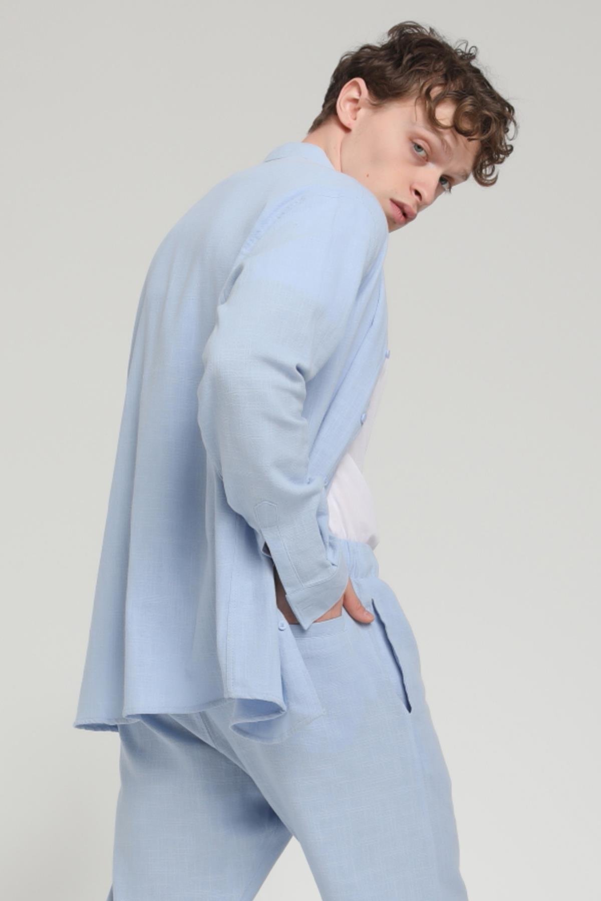 R-3608 Hakim V Yaka Uzun Kol Oversize Keten Karışımlı Gömlek