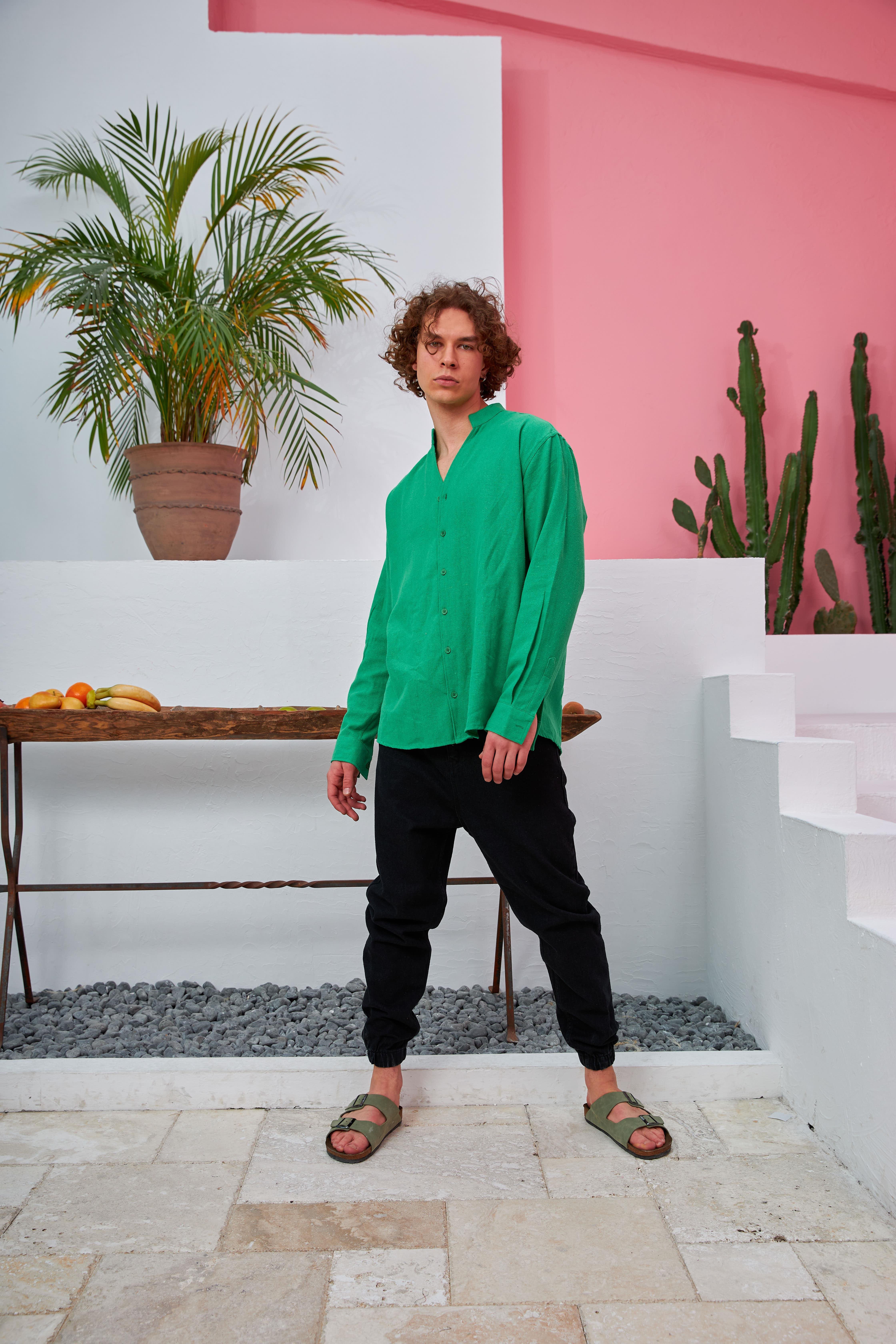 R-3608 Hakim V Yaka Uzun Kol Oversize Keten Karışımlı Gömlek