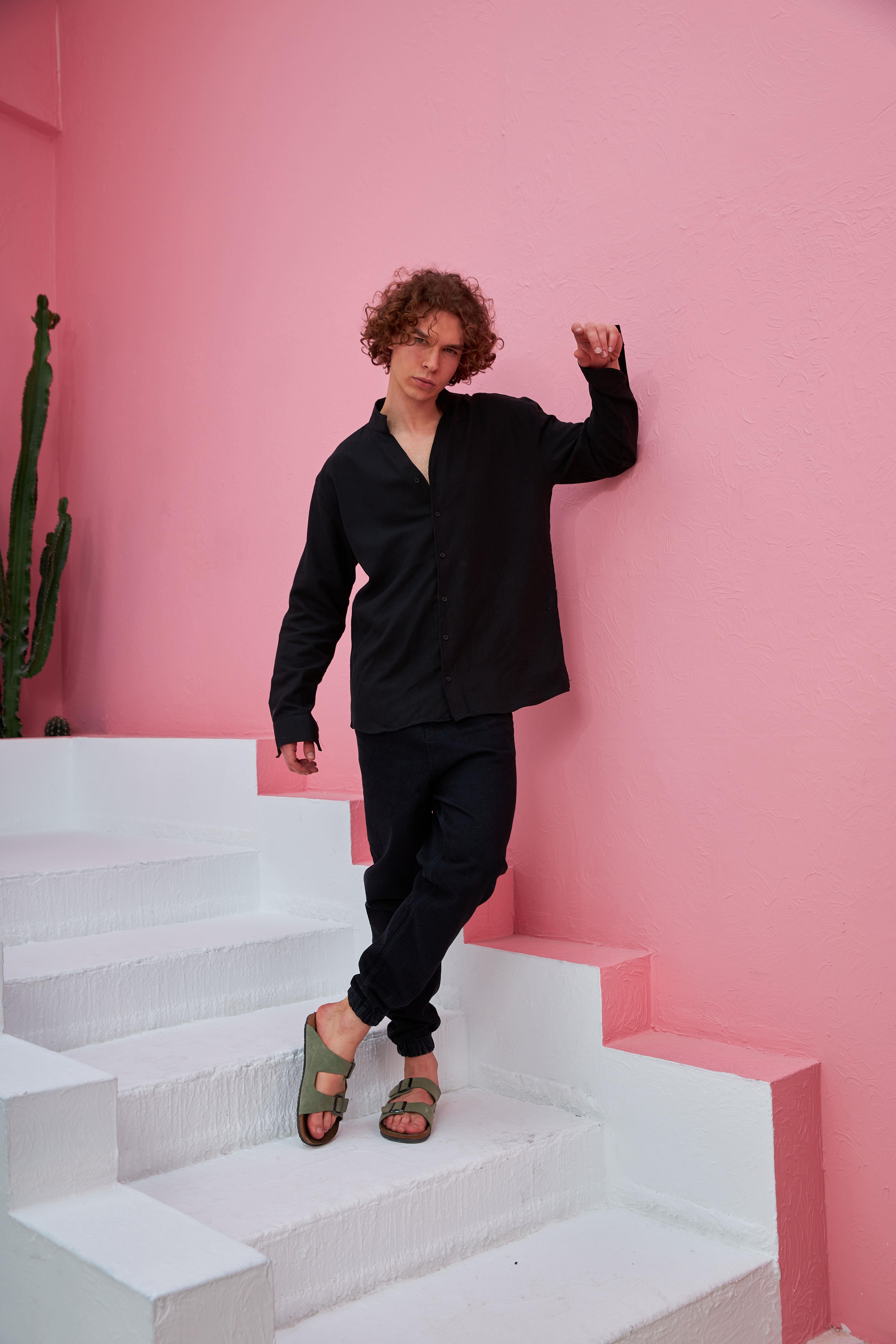R-3608 Hakim V Yaka Uzun Kol Oversize Keten Karışımlı Gömlek