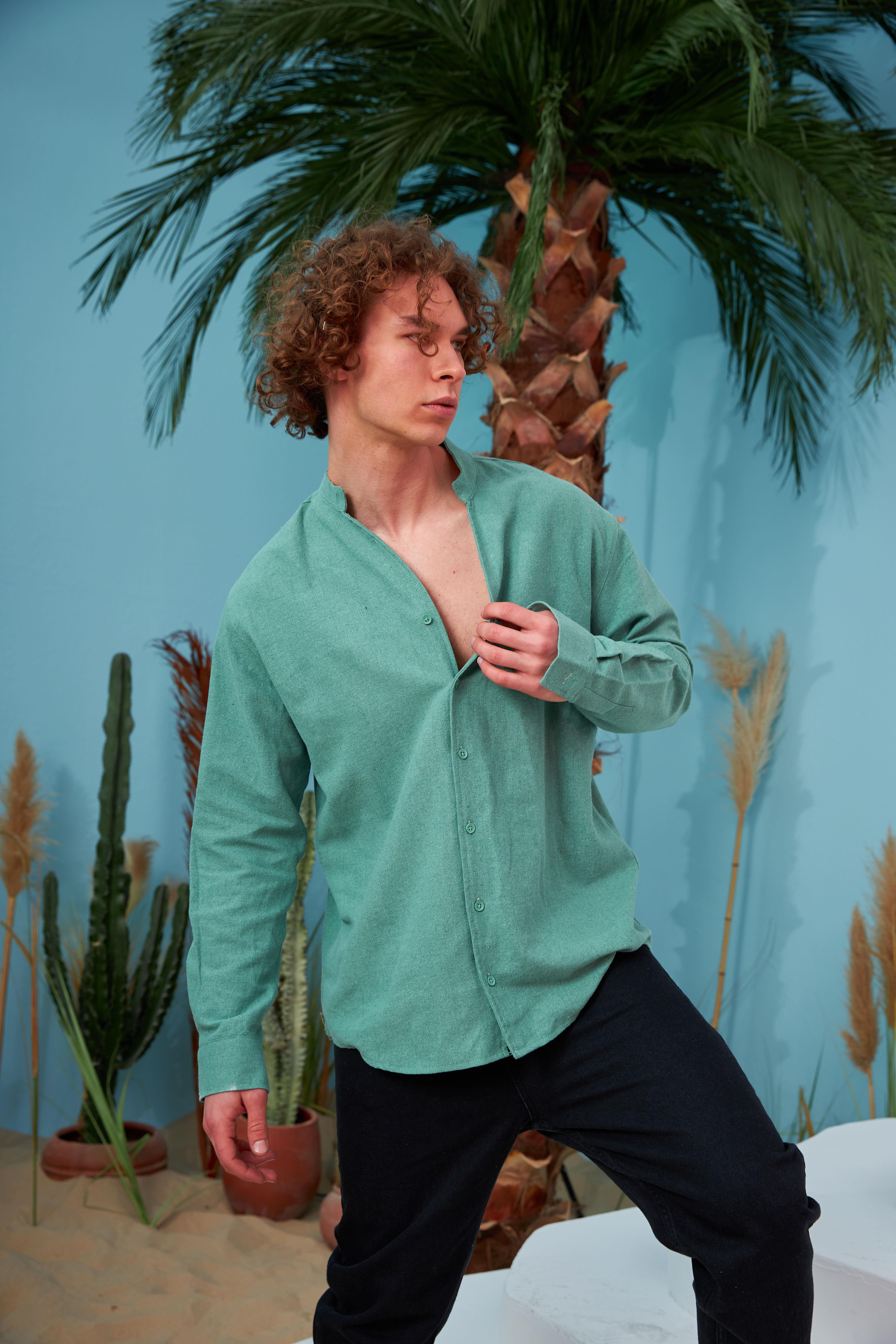 R-3608 Hakim V Yaka Uzun Kol Oversize Keten Karışımlı Gömlek