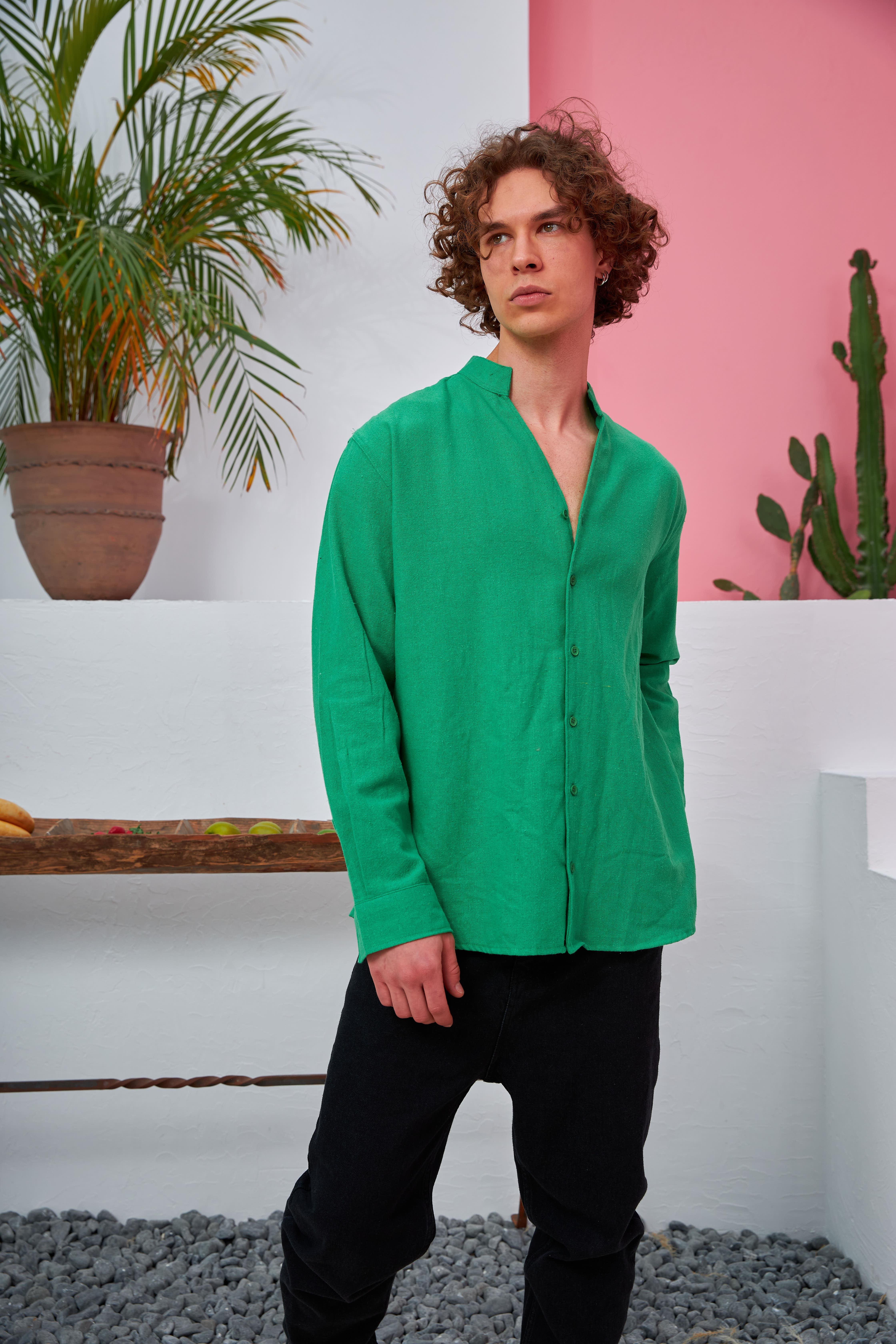 R-3608 Hakim V Yaka Uzun Kol Oversize Keten Karışımlı Gömlek