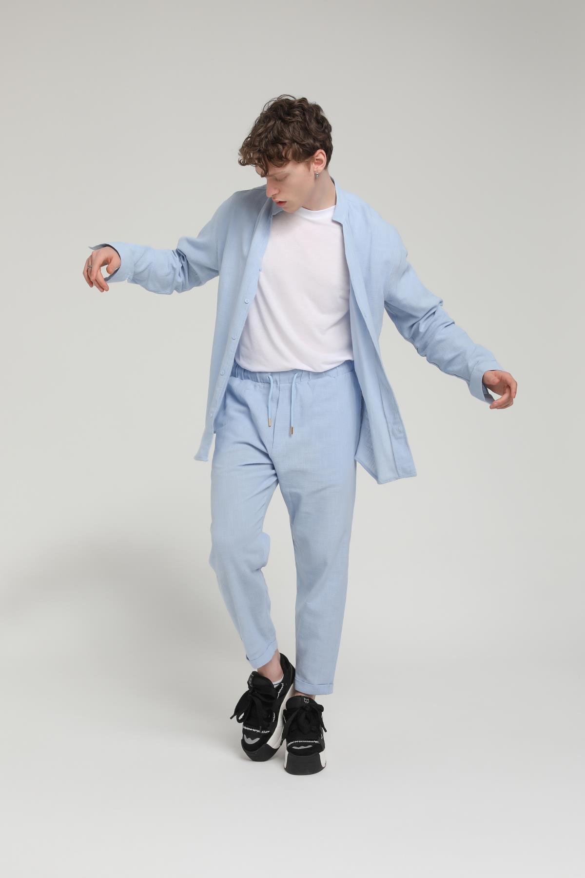 R-3608 Hakim V Yaka Uzun Kol Oversize Keten Karışımlı Gömlek
