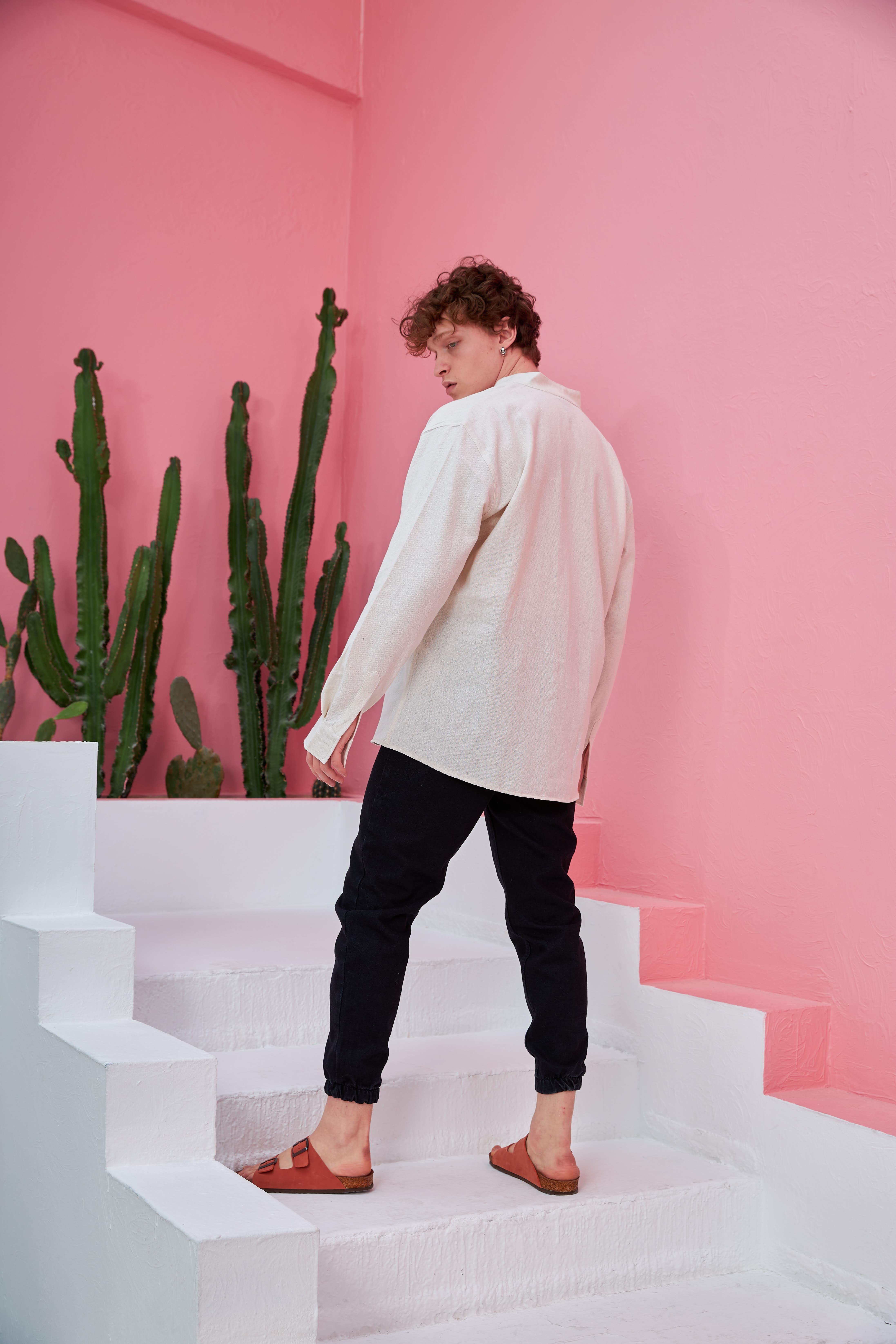 R-3608 Hakim V Yaka Uzun Kol Oversize Keten Karışımlı Gömlek