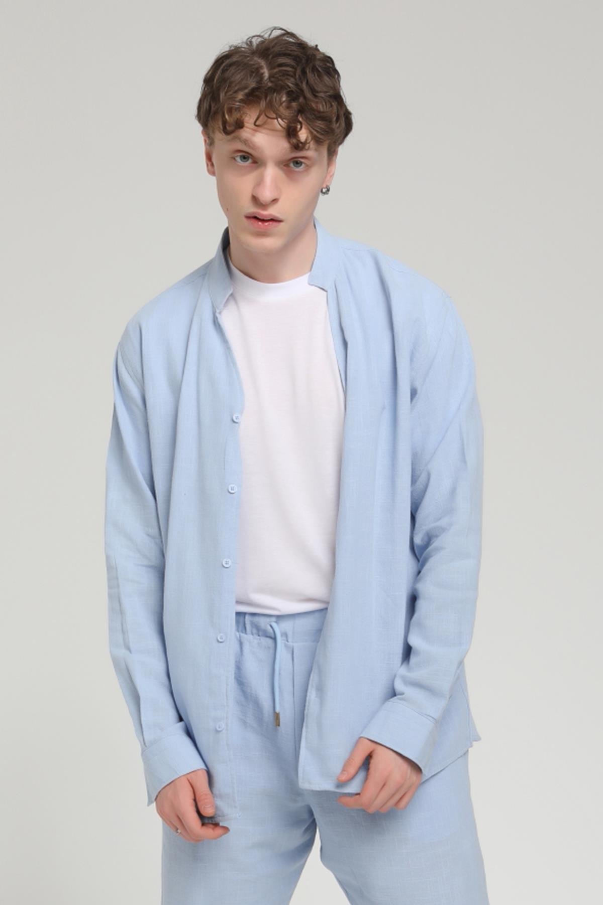 R-3608 Hakim V Yaka Uzun Kol Oversize Keten Karışımlı Gömlek